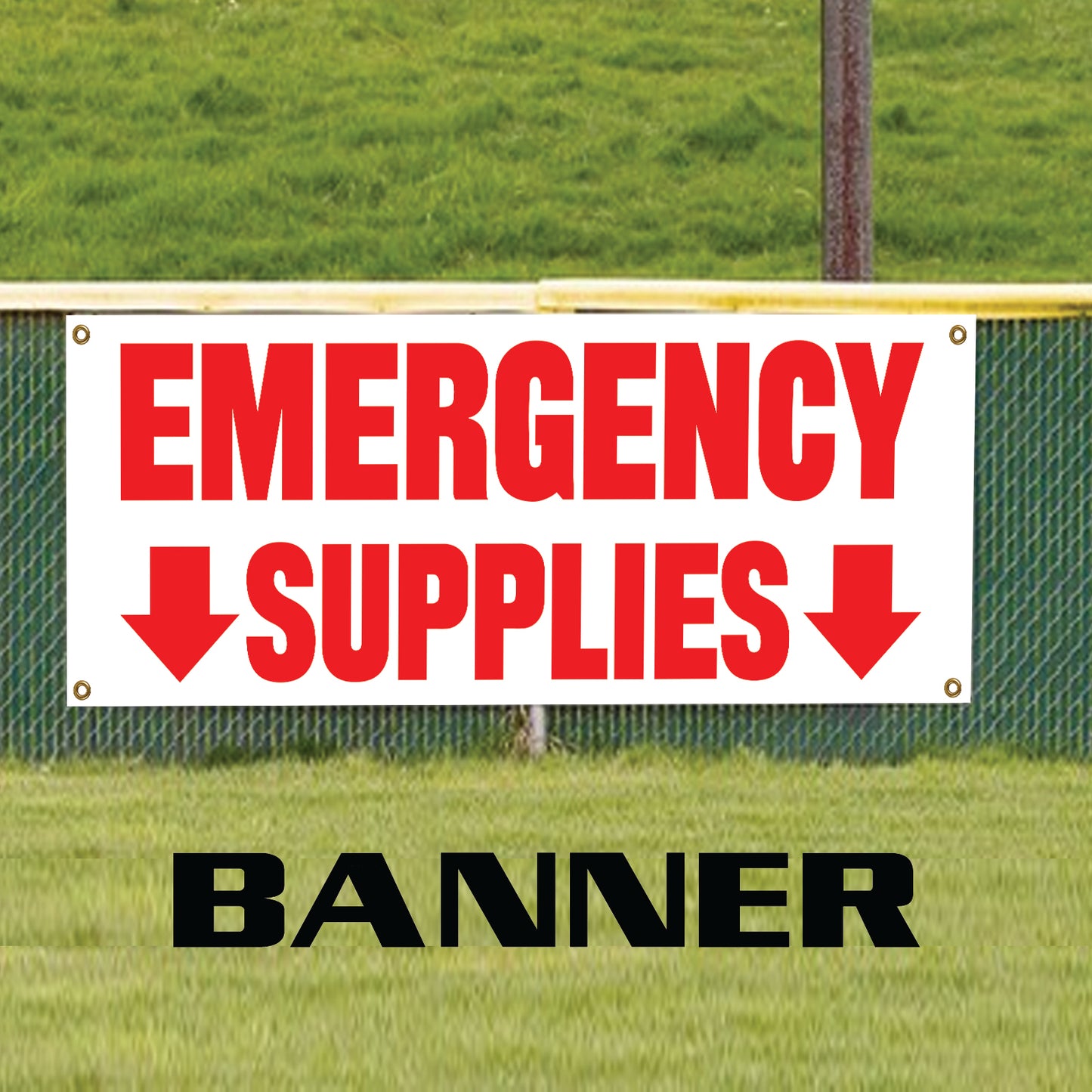 Emergency supplies down arrow vinyl banner sign
