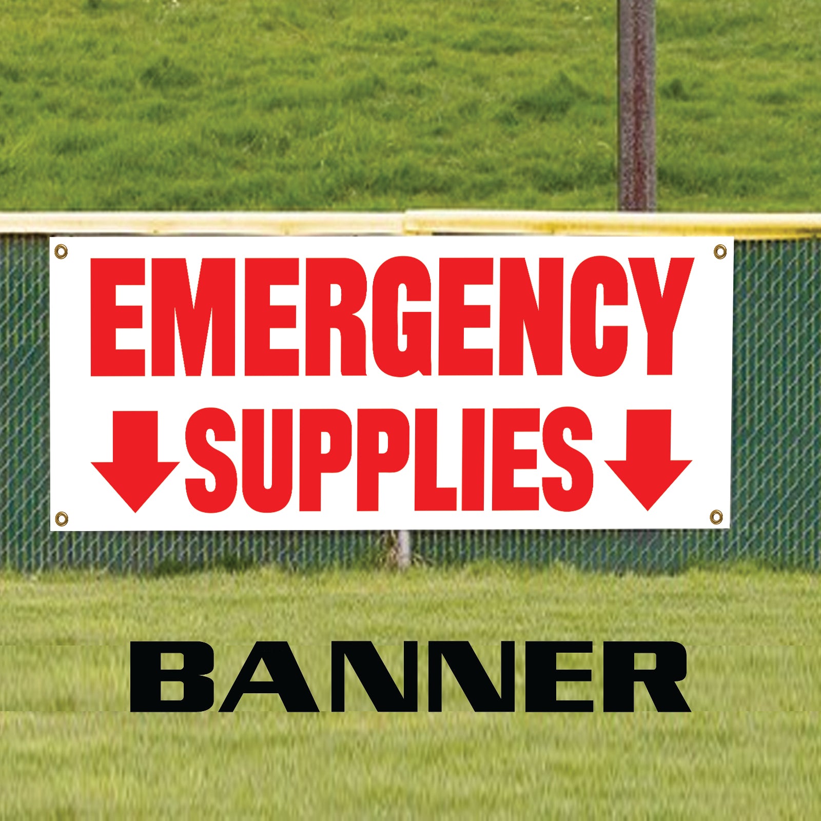 Emergency supplies down arrow vinyl banner sign