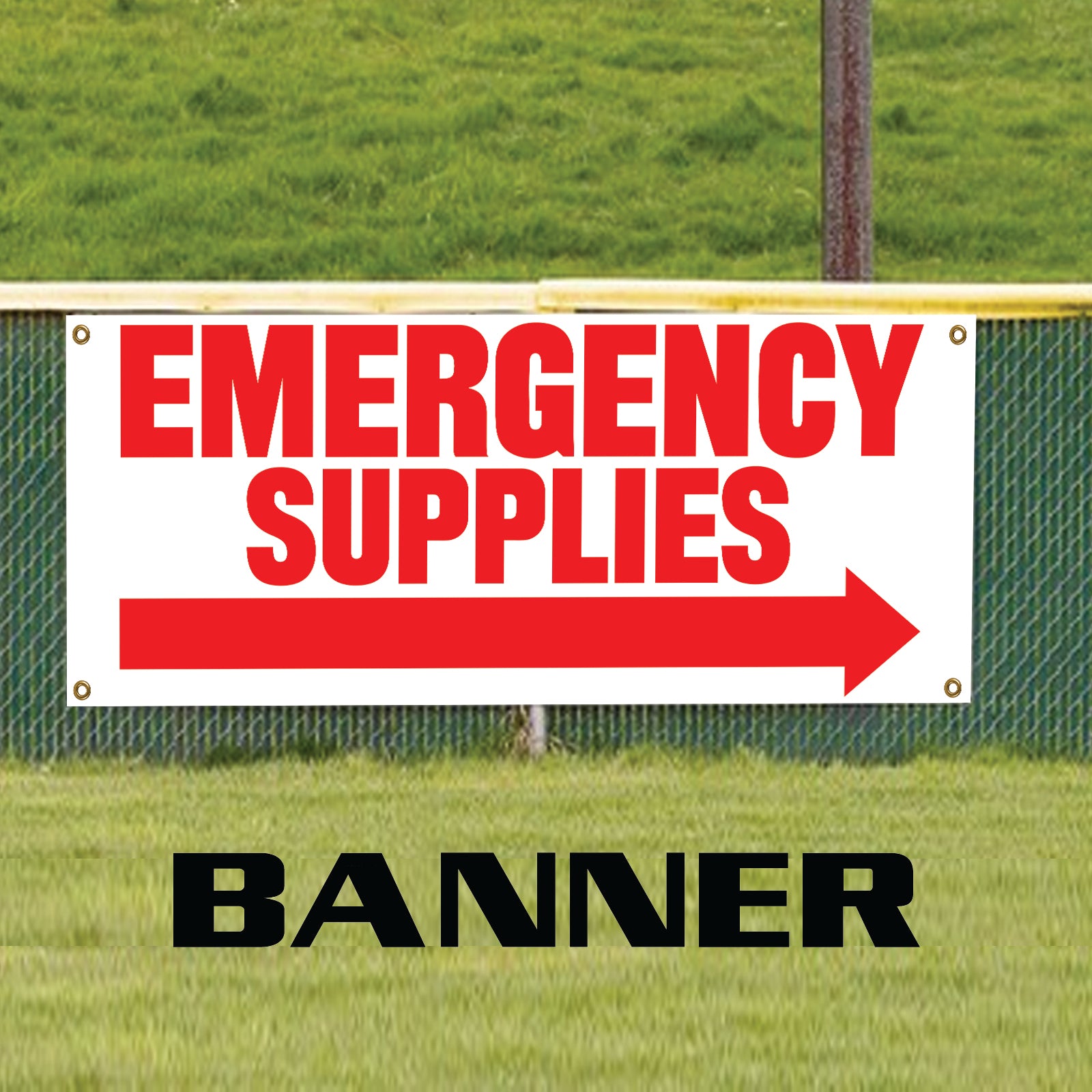 Emergency supplies left arrow vinyl banner sign