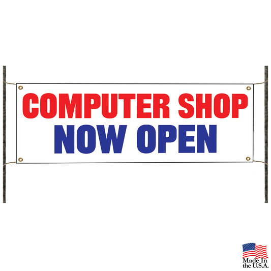 Computer shop now open vinyl printed banner sign