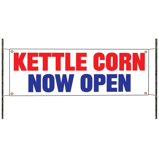 Kettle corn now open vinyl printed banner sign