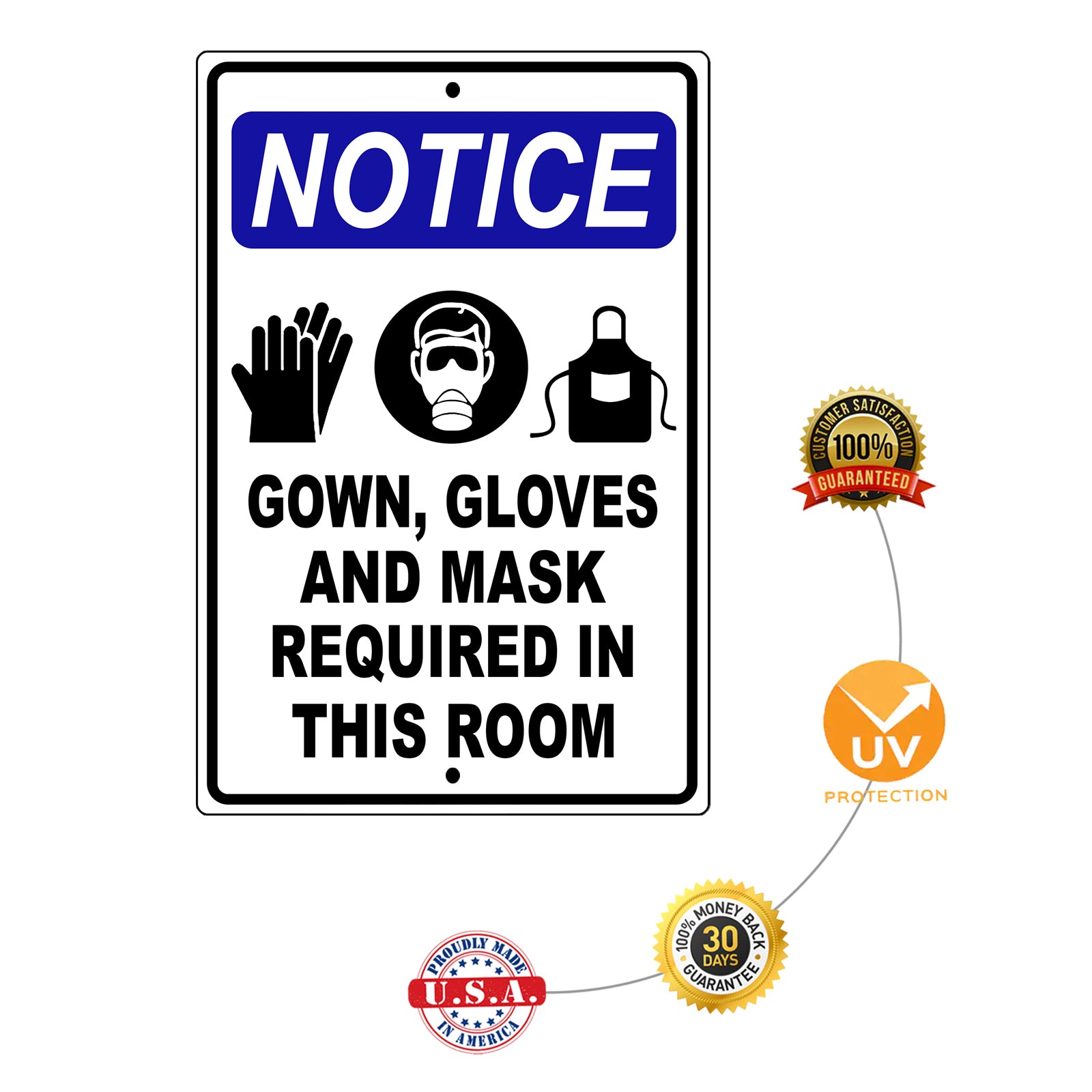 Notice gown gloves and mask required in this room aluminum metal sign