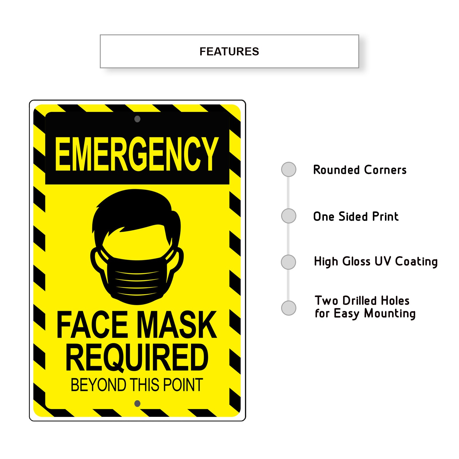 Emergency face mask required beyond this point aluminum metal sign
