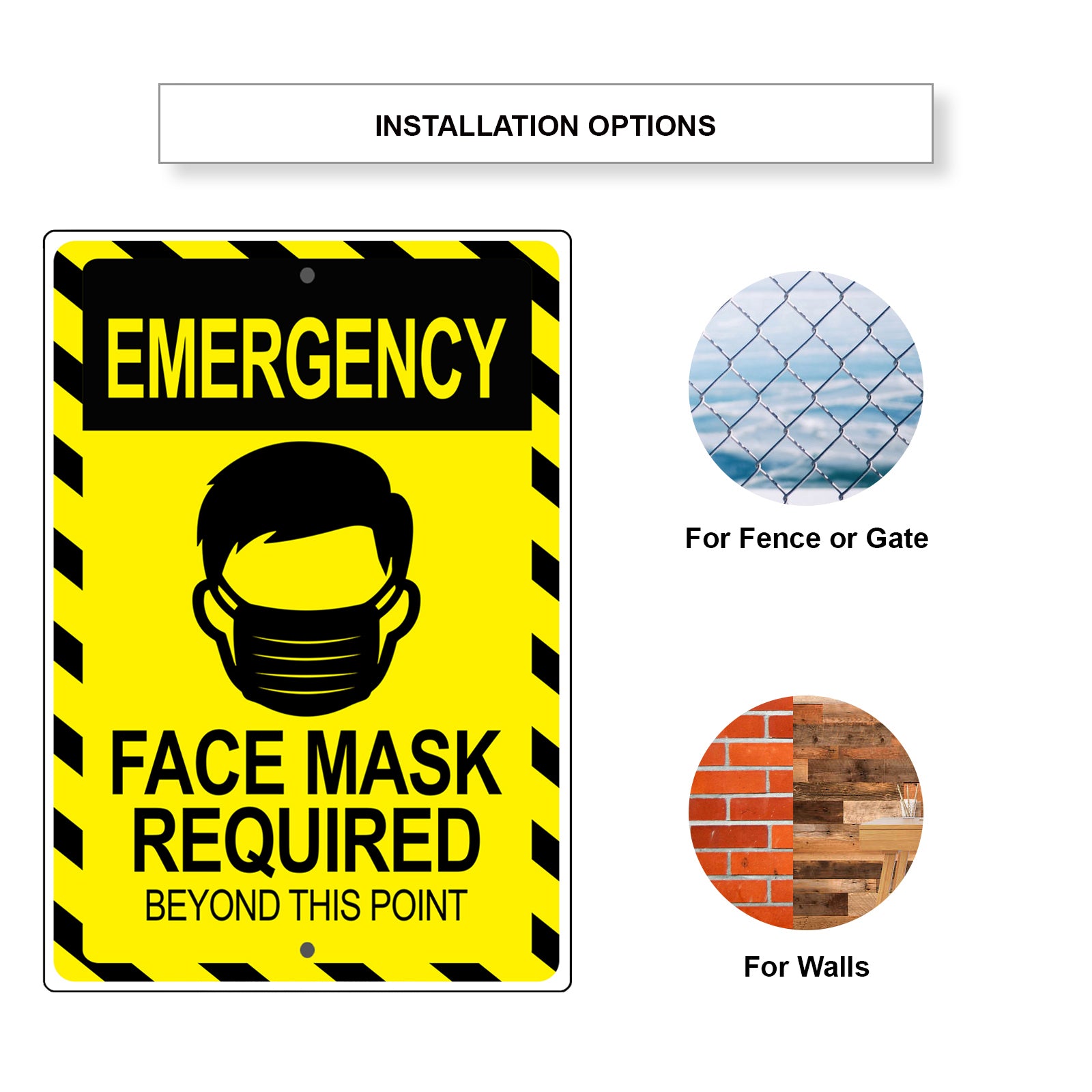Emergency face mask required beyond this point aluminum metal sign