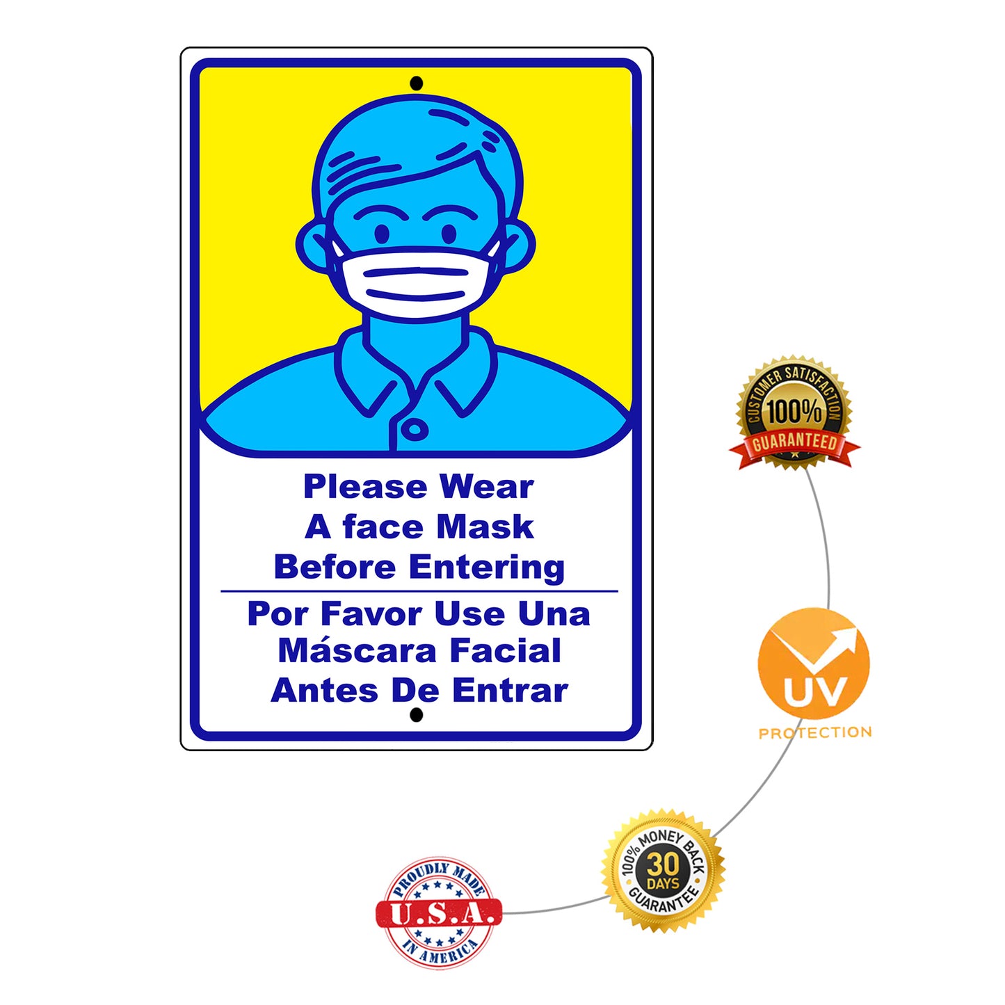 Please wear a face mask before entering Spanish aluminum metal sign