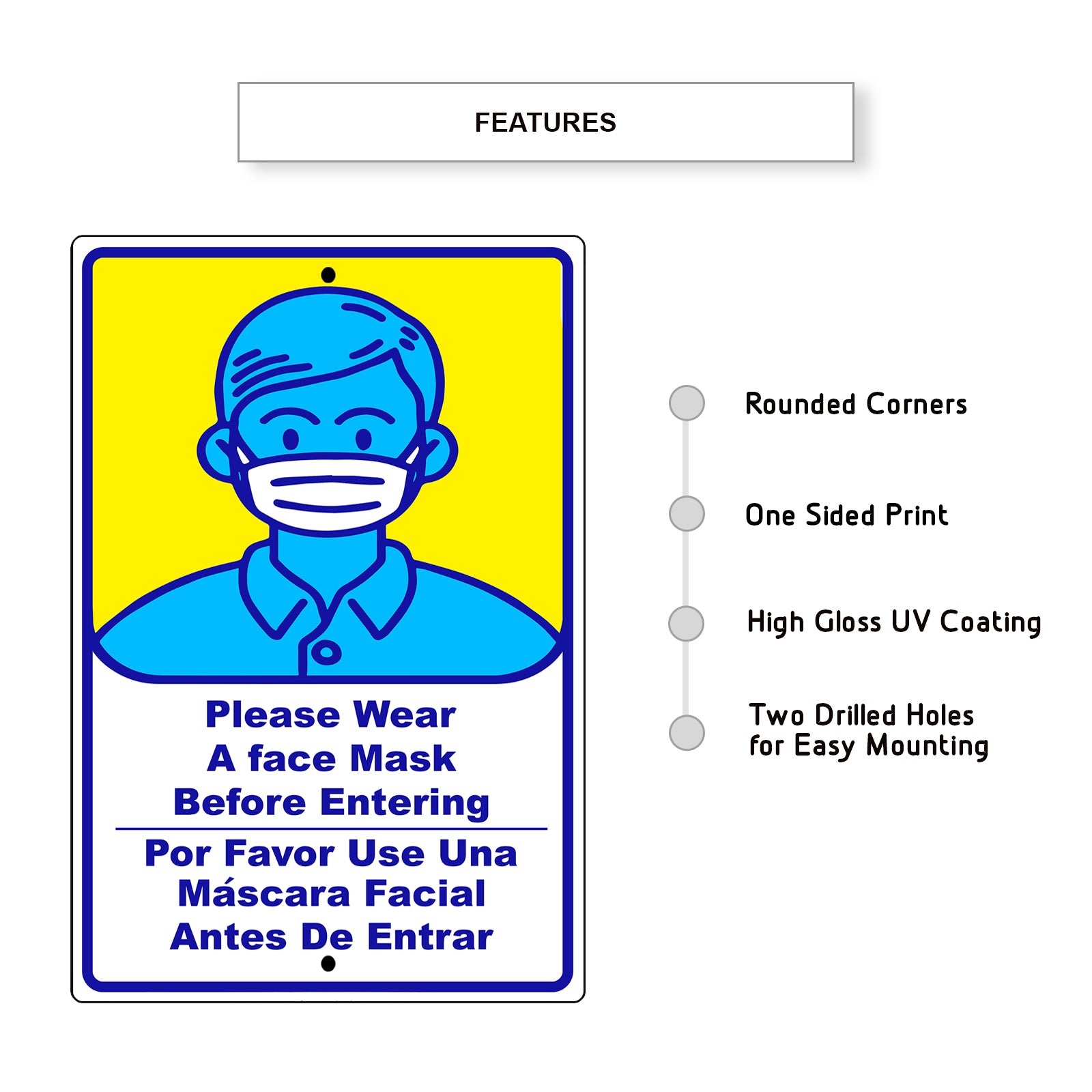 Please wear a face mask before entering Spanish aluminum metal sign