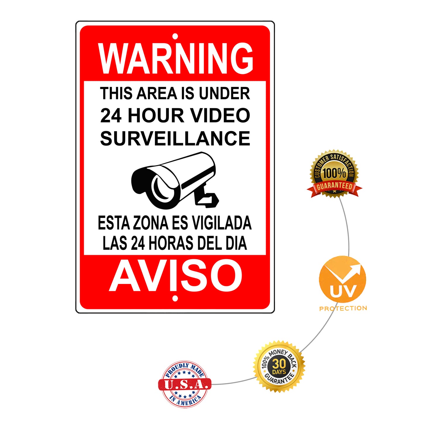 Warning This Area Is 24 Hour Under Surveillance Spanish Aluminum Metal Sign