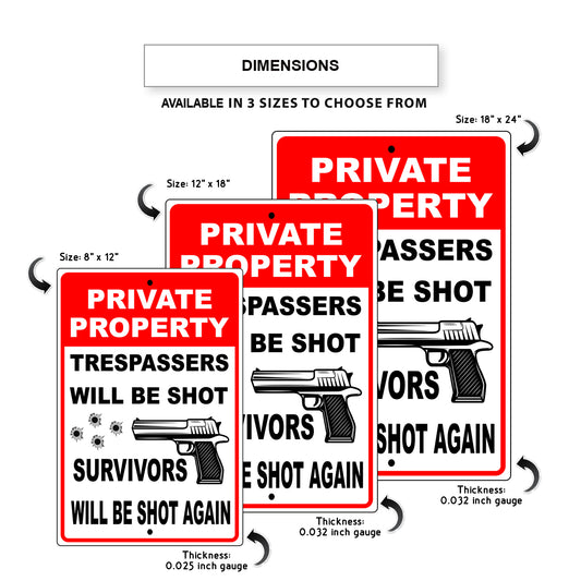 Private property trespassers will be shot survivors will be shot again aluminum metal sign