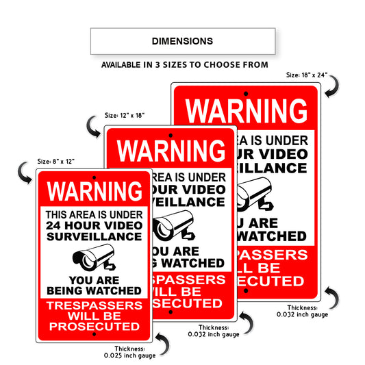 Warning this area is under 24 hour video surveillance you are being watched aluminum metal sign