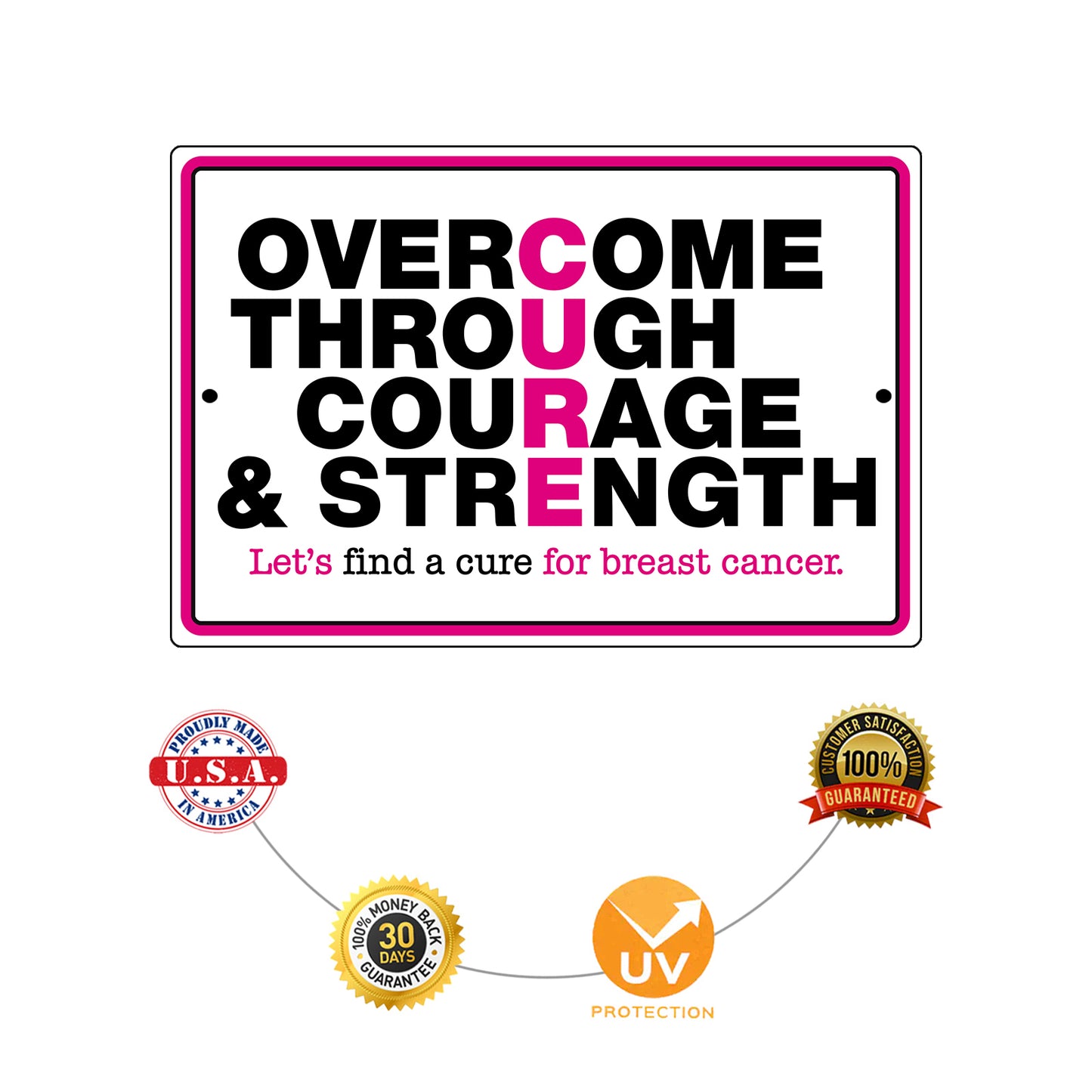 Overcome through courage & strength let's find a cure for breast cancer aluminum metal sign