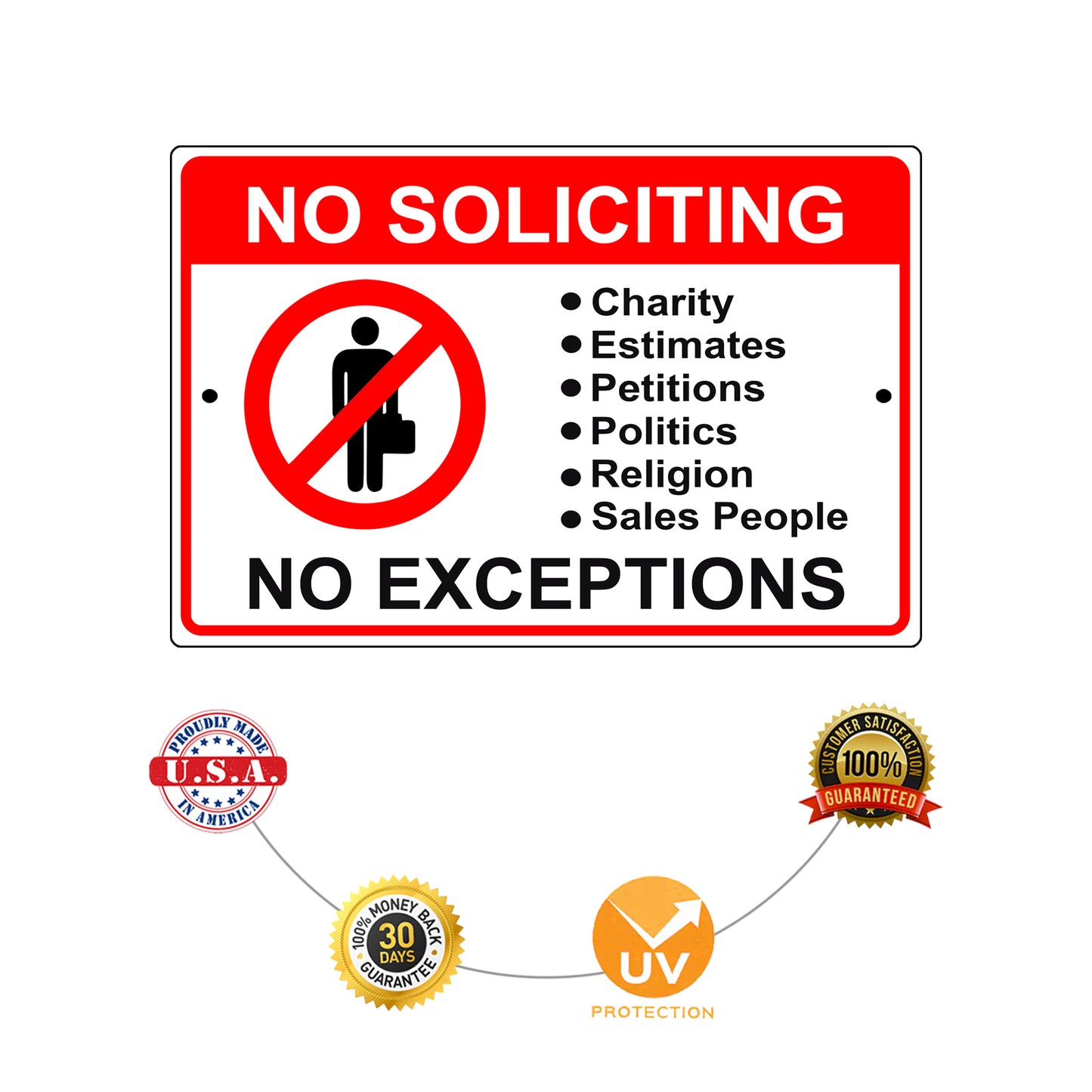 No soliciting no exceptions aluminum metal sign