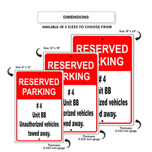 Reserved parking #4 unit bb unauthorized vehicles towed away aluminum metal sign