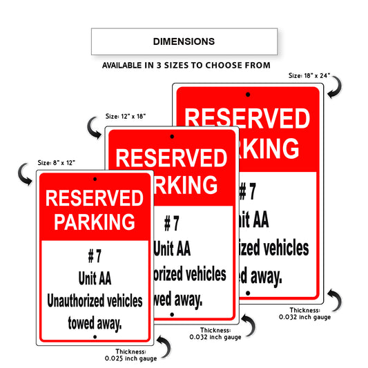 Reserved parking #7 unit aa unauthorized vehicles towed away aluminum metal sign