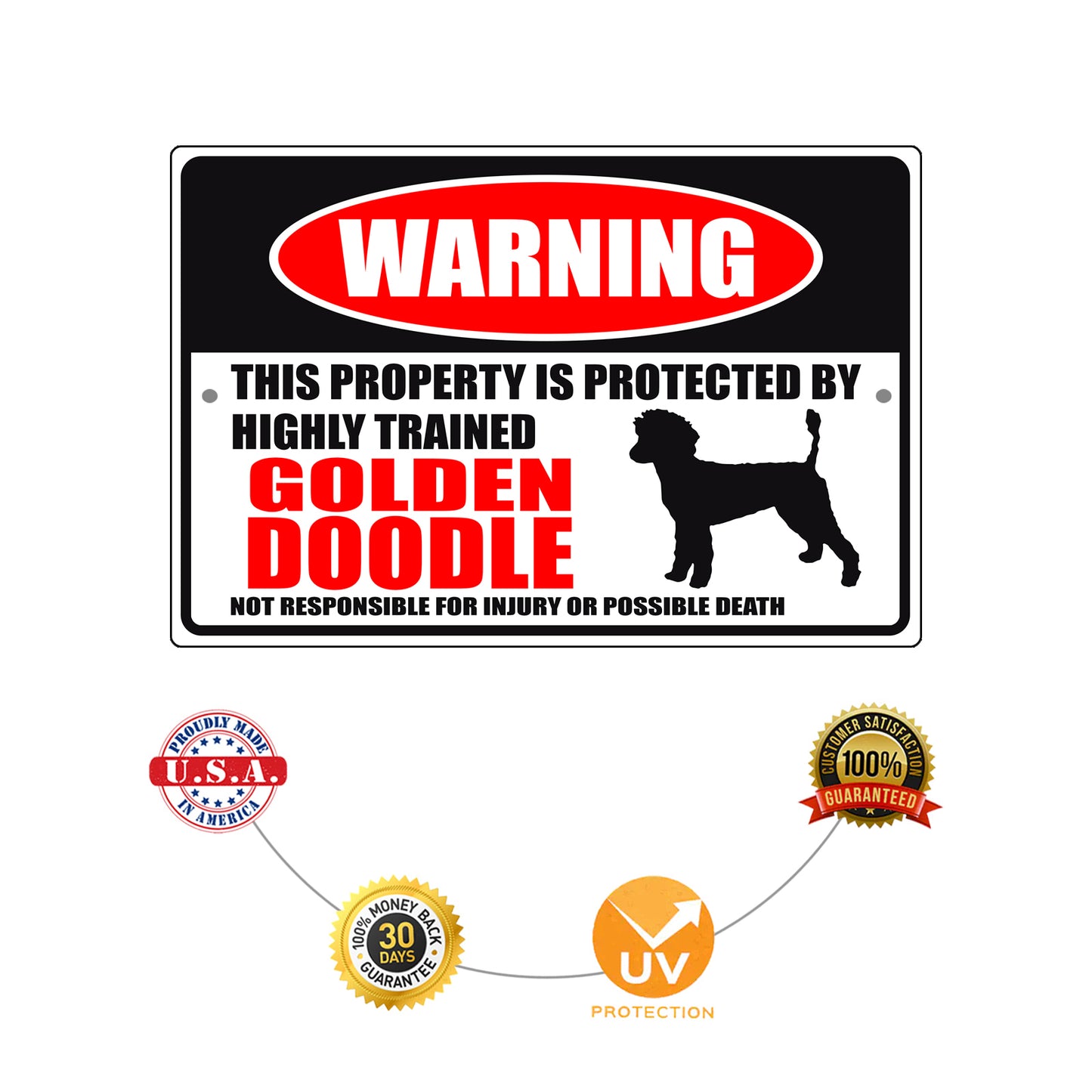 Warning this property is protected by highly trained golden doodle aluminum metal sign