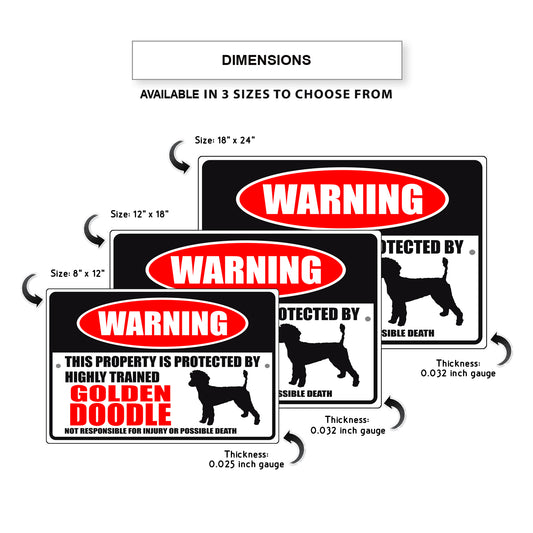 Warning this property is protected by highly trained golden doodle aluminum metal sign