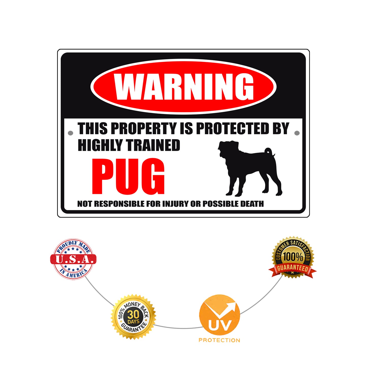 Warning this property is protected by highly trained pug aluminum metal sign