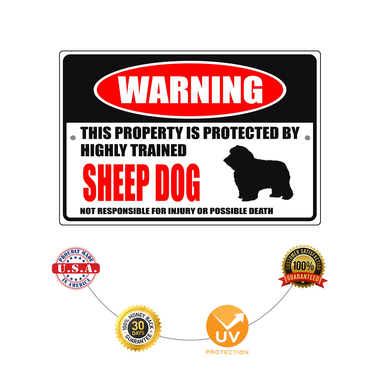 Warning this property is protected by highly trained sheep dog aluminum metal sign