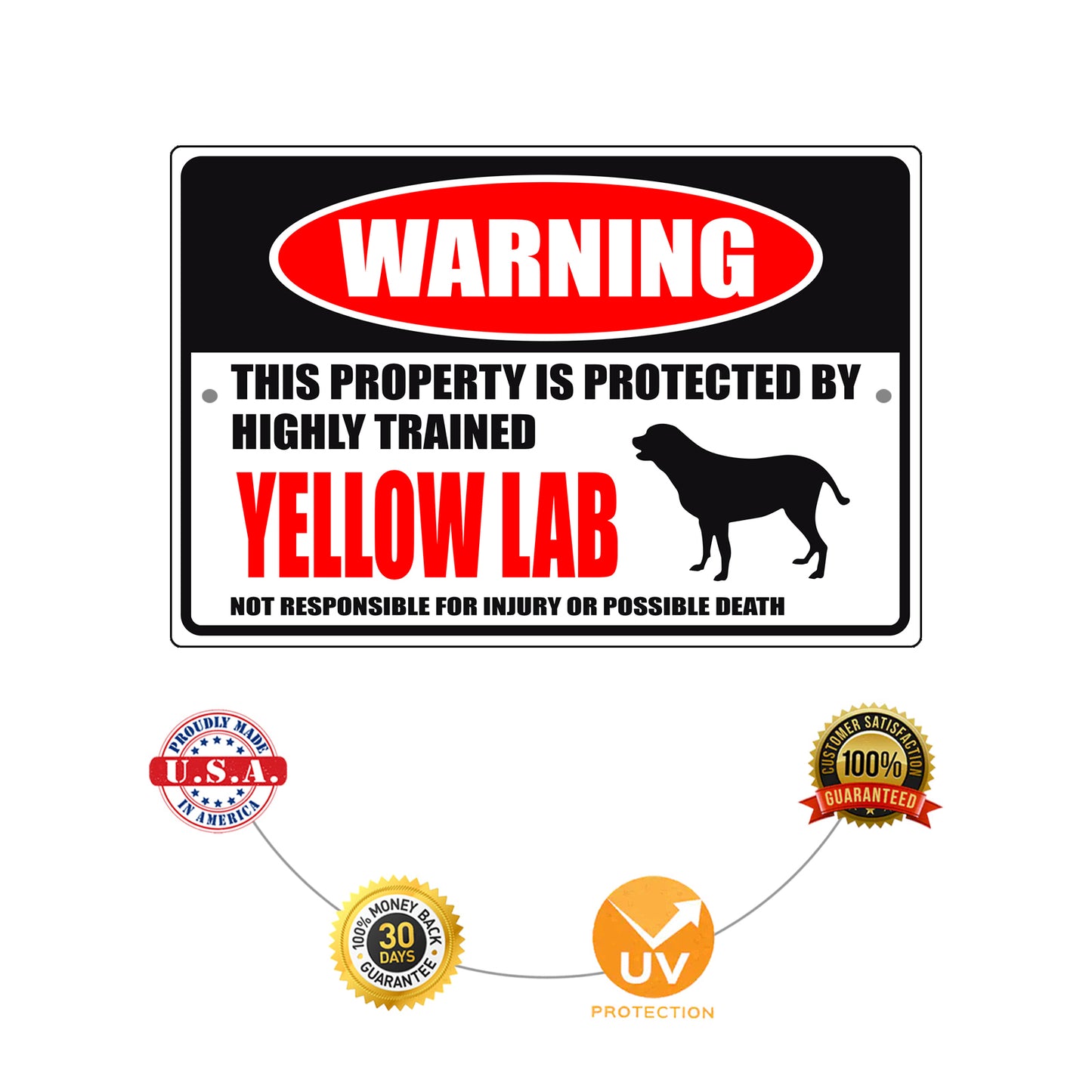 Warning this property is protected by highly trained yellow lab aluminum metal sign