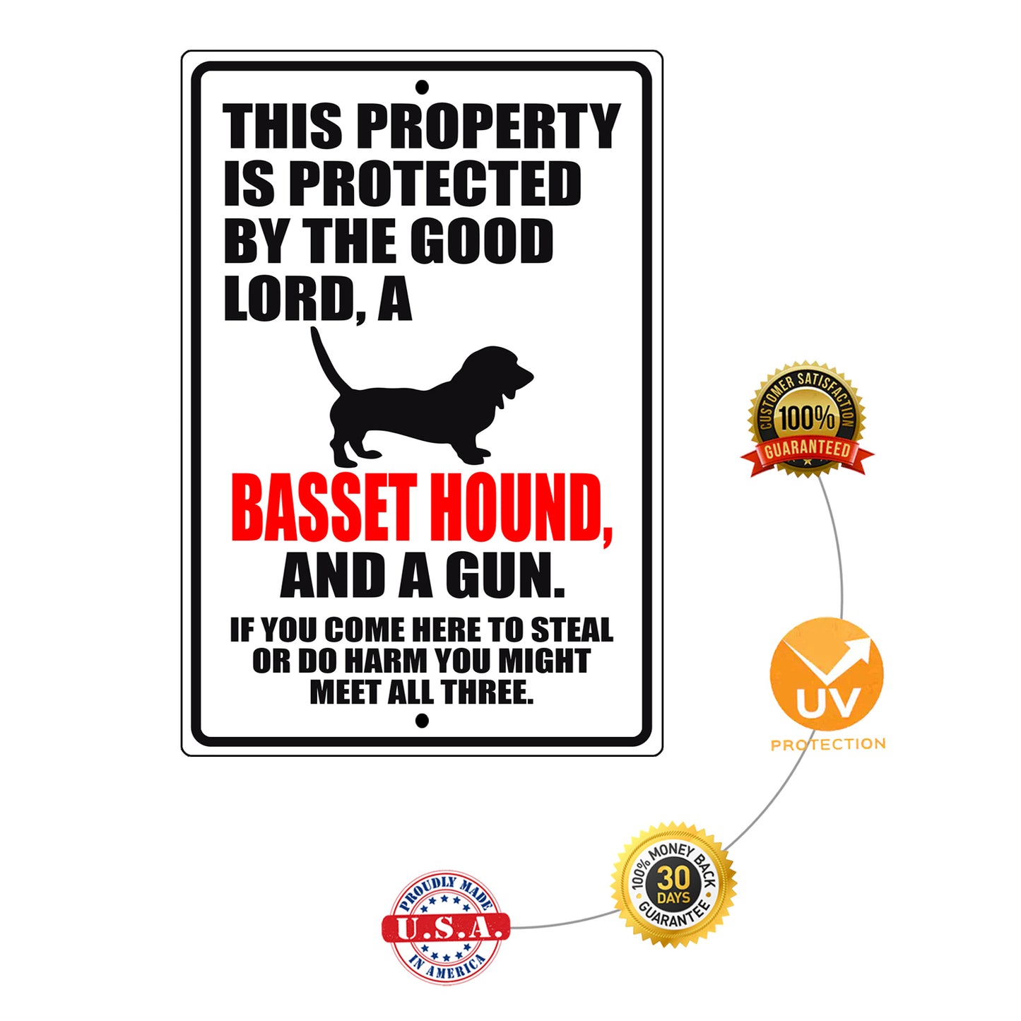 This property is protected by the good lord a basset hound and a gun aluminum metal sign