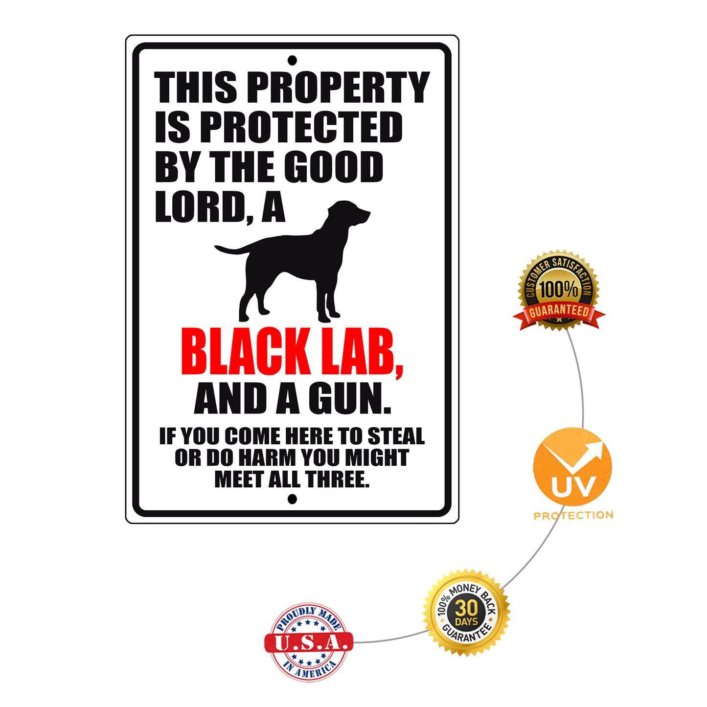 This property is protected by the good lord a black lab aluminum metal sign