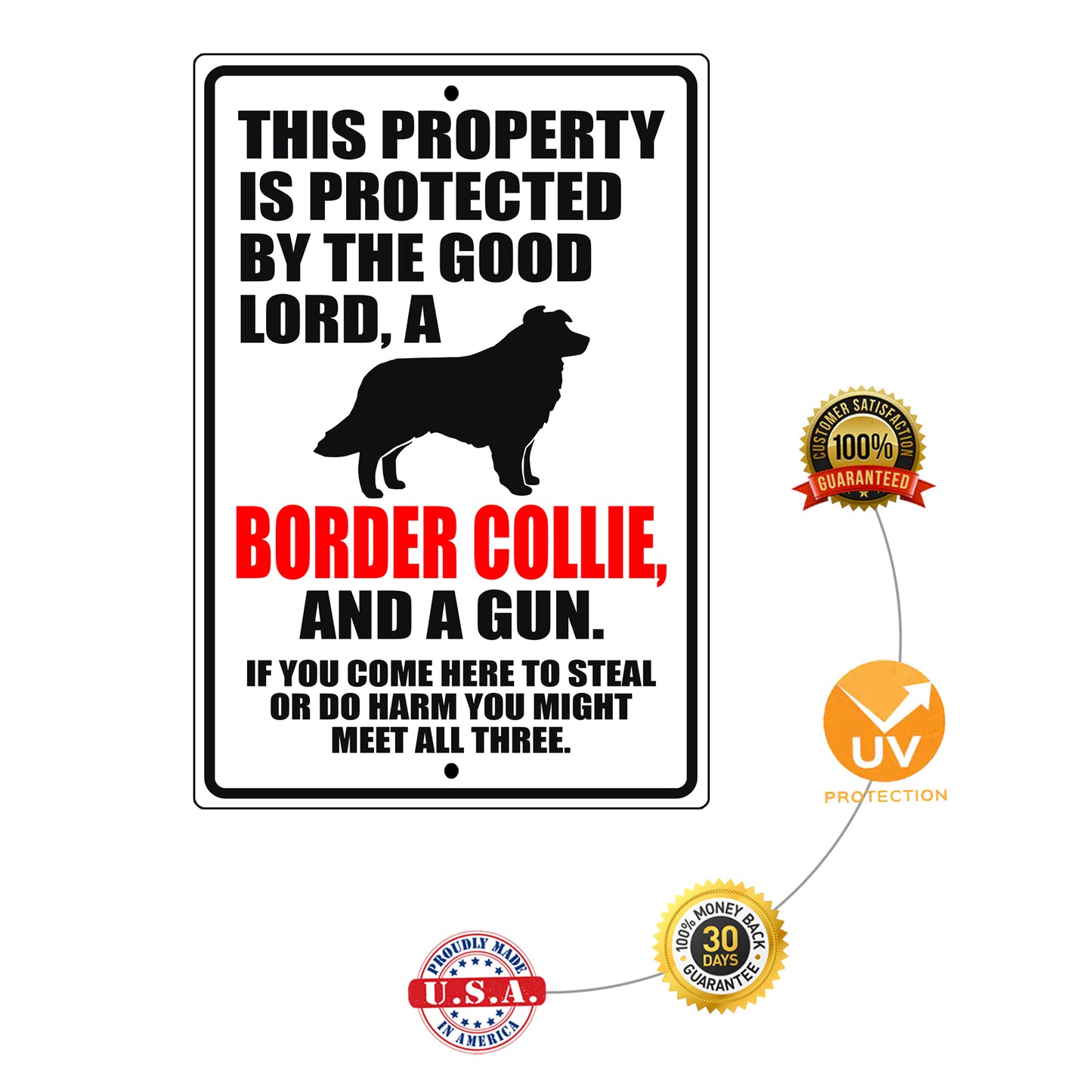 This property is protected by the good lord a border collie and a gun aluminum metal sign