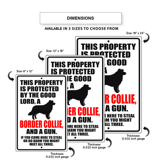 This property is protected by the good lord a border collie and a gun aluminum metal sign