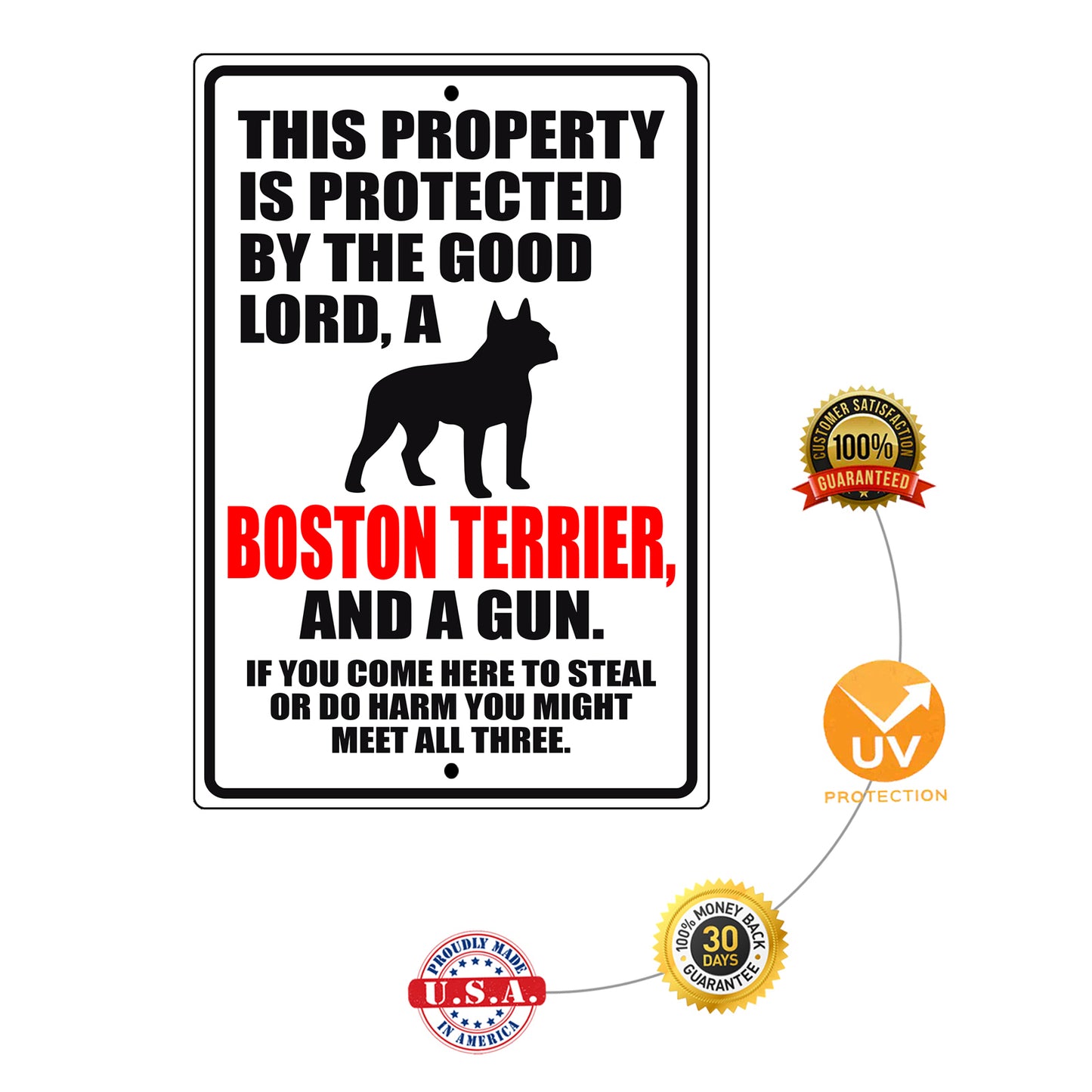 This property is protected by the good lord a boston terrier and a gun aluminum metal sign