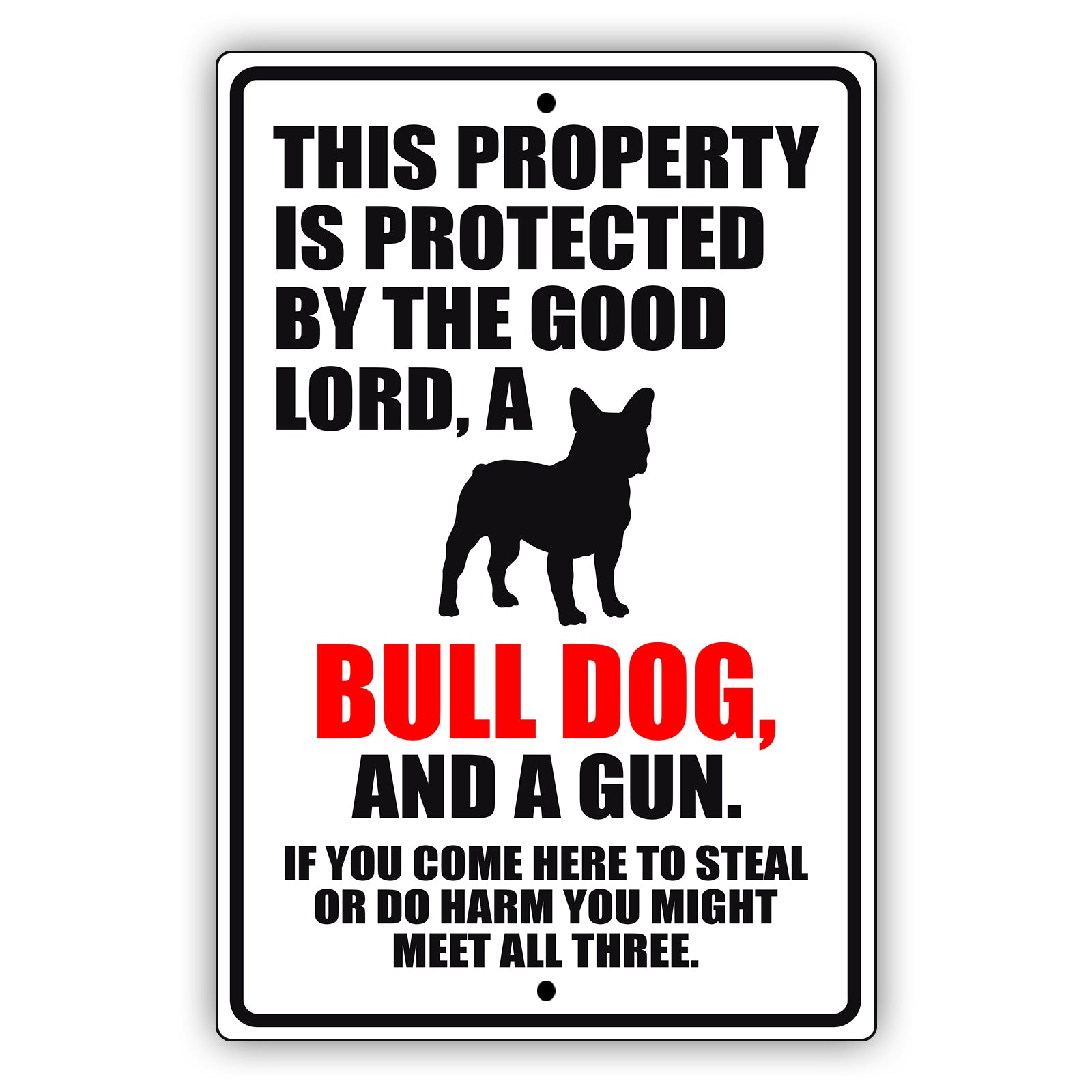 This property is protected by the good lord a bull dog and a gun aluminum metal sign