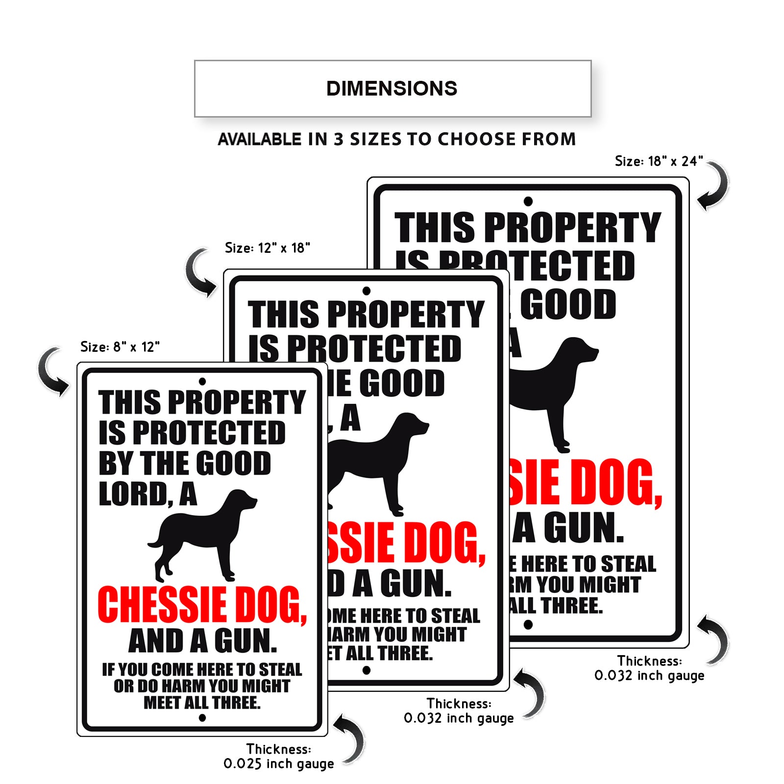 This property is protected by the good lord a chessie dog and a gun aluminum metal sign