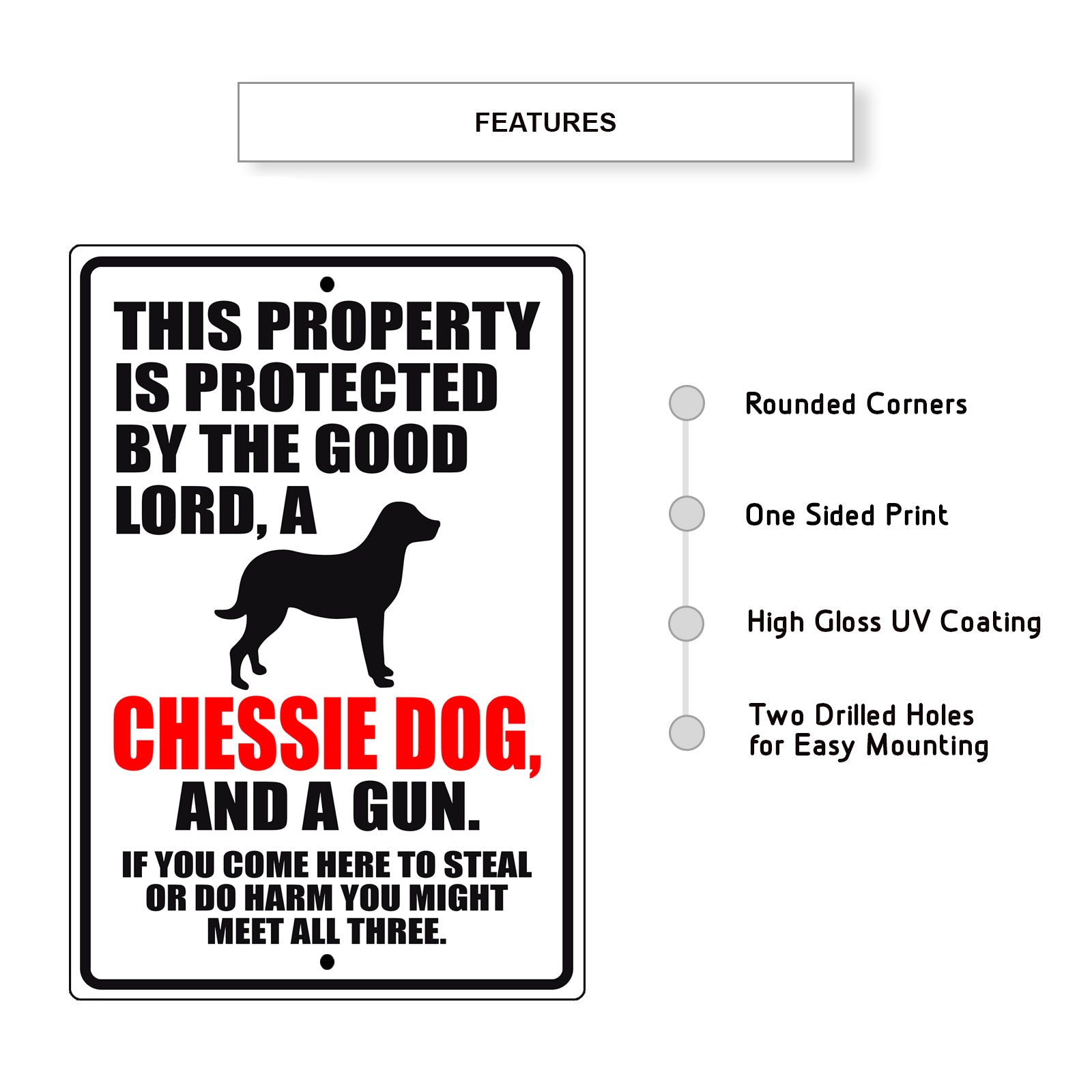 This property is protected by the good lord a chessie dog and a gun aluminum metal sign