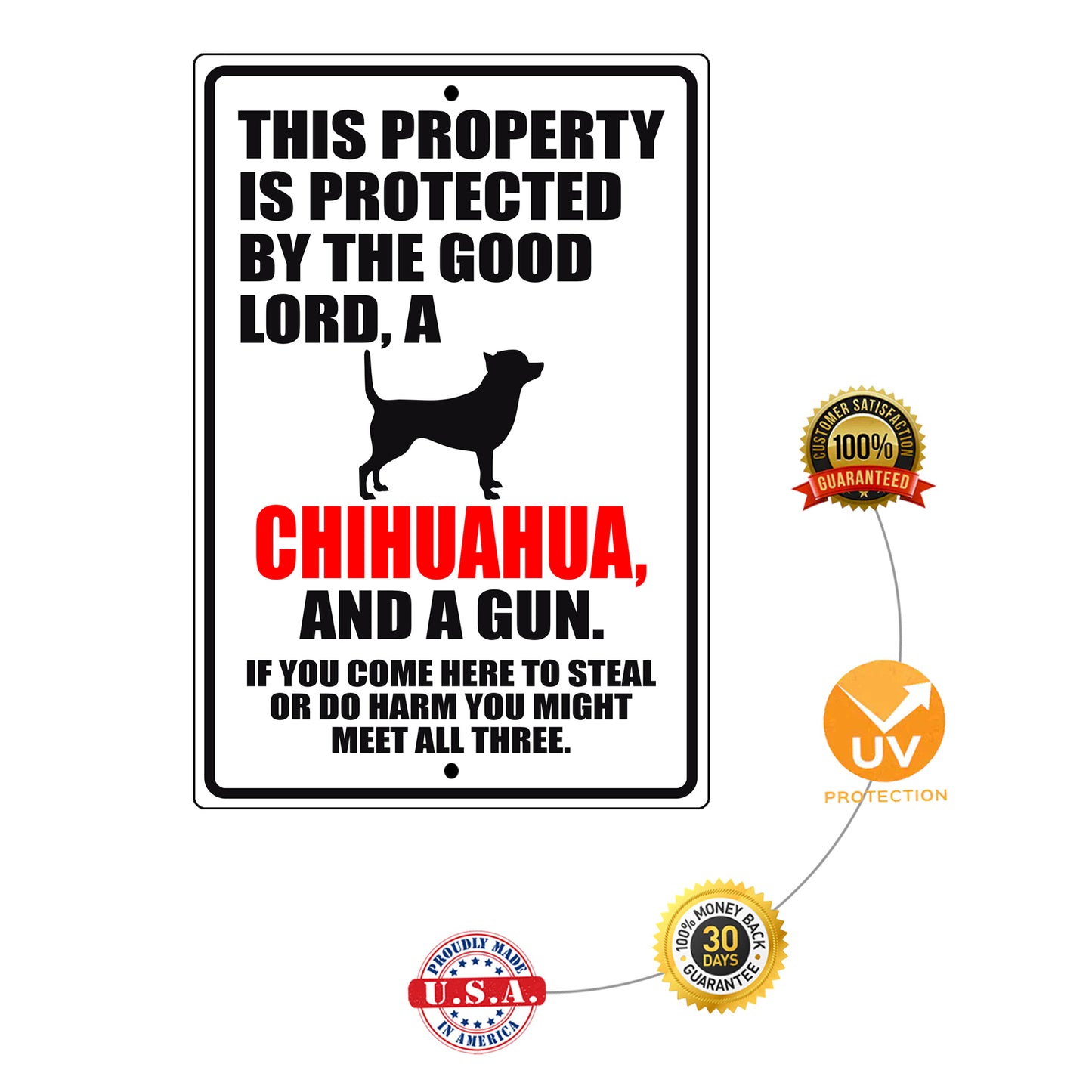 This property is protected by the good lord a chihuahua and a gun aluminum metal sign