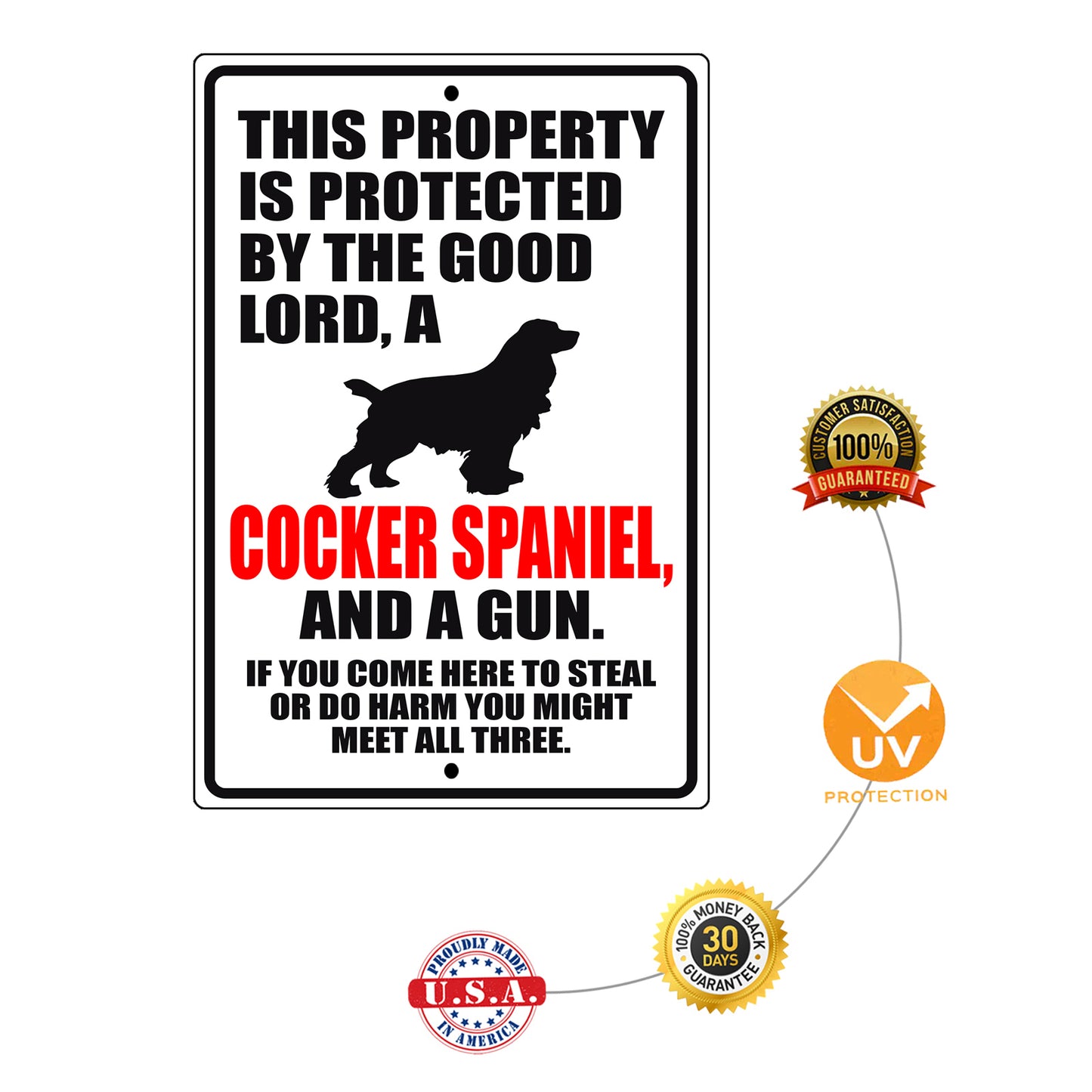This property is protected by the good lord a cocker spaniel and a gun aluminum metal sign