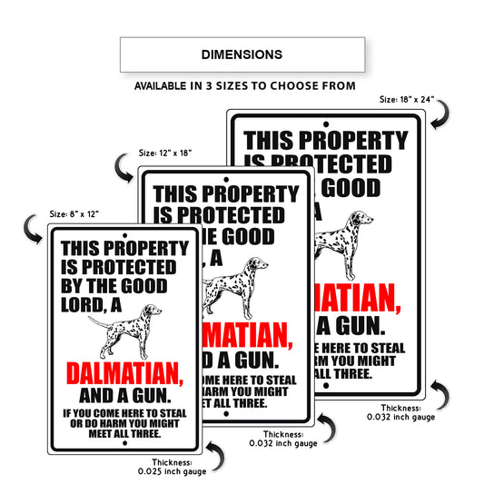 This property is protected by the good lord a dalmatian and a gun aluminum metal sign