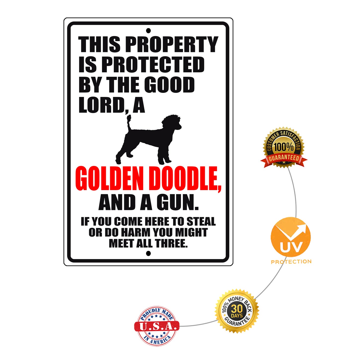 This property is protected by the good lord a golden a golden doodle and a gun aluminum metal sign