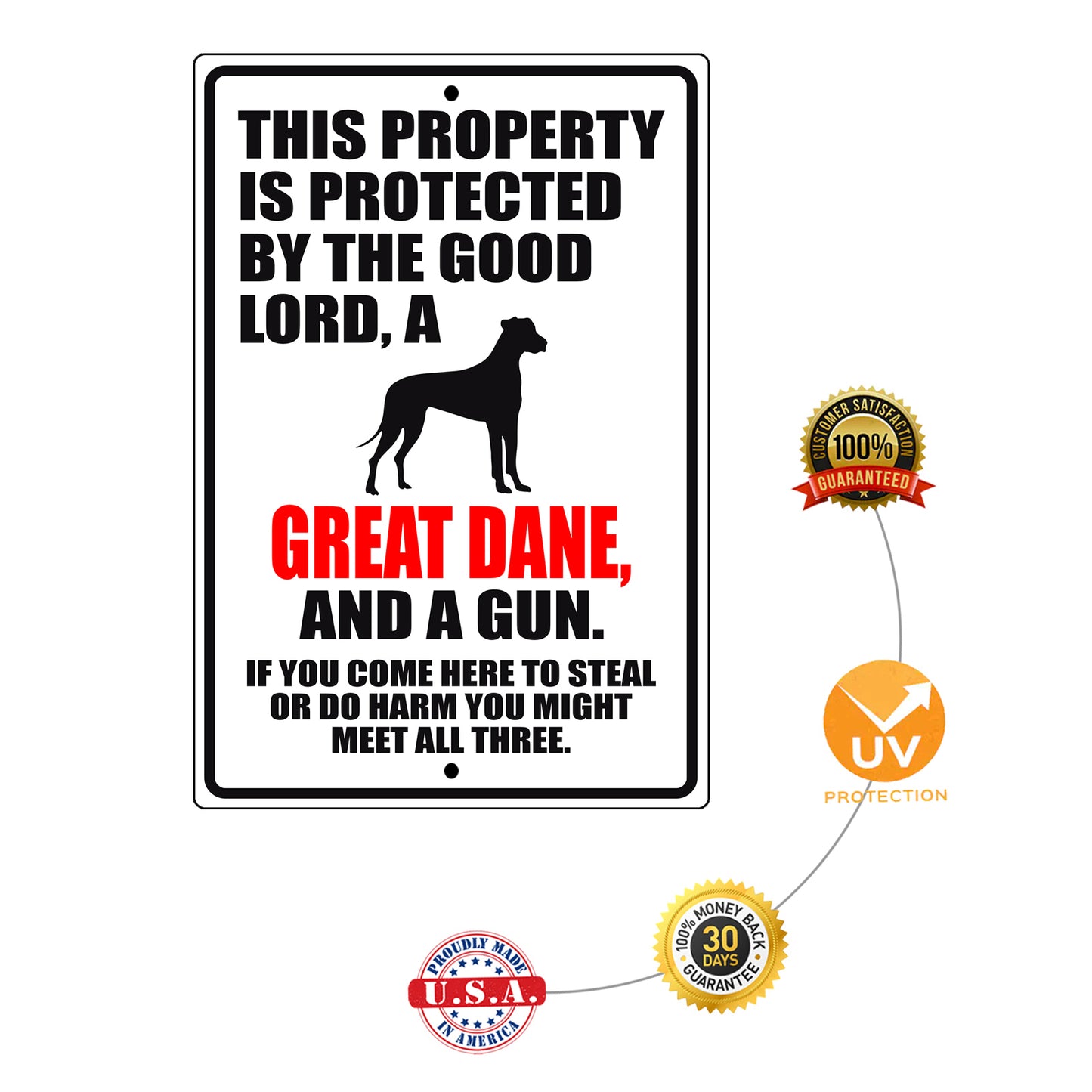 This property is protected by the good lord a great dane and a gun aluminum metal sign
