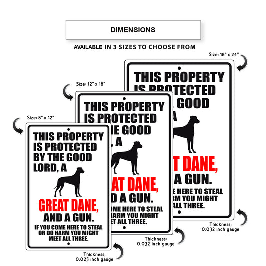 This property is protected by the good lord a great dane and a gun aluminum metal sign