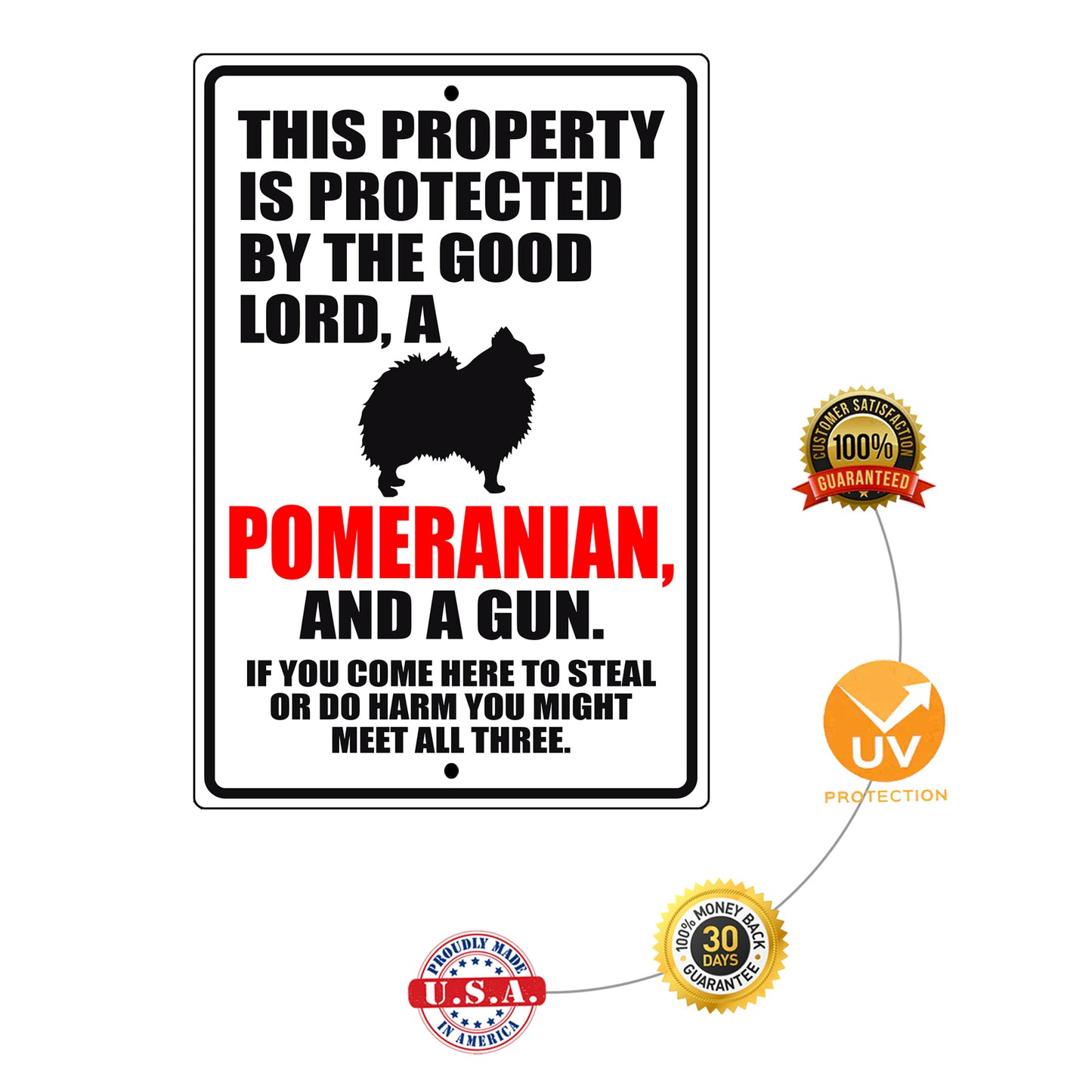 This property is protected by the good lord a pomeranian and a gun aluminum metal sign
