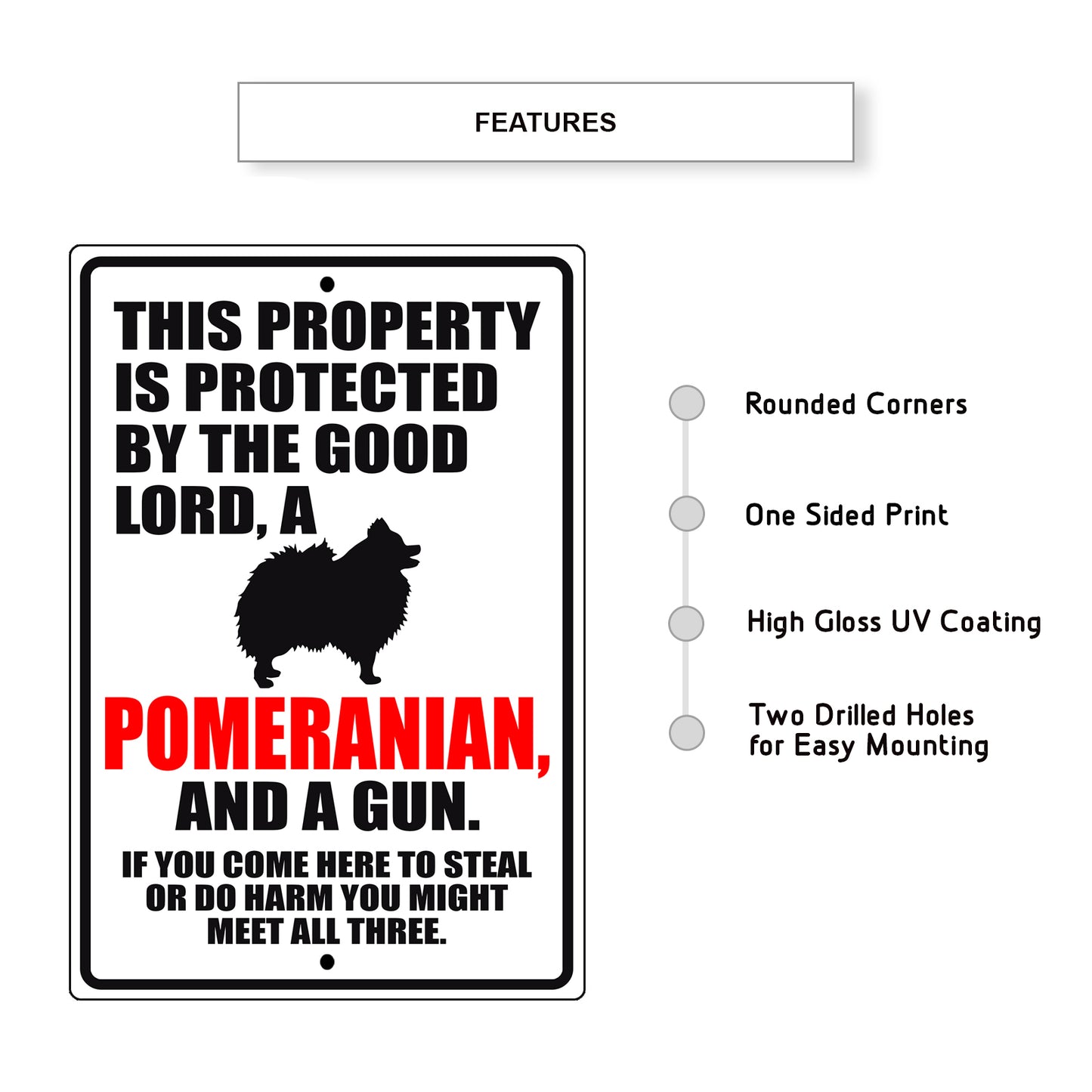 This property is protected by the good lord a pomeranian and a gun aluminum metal sign