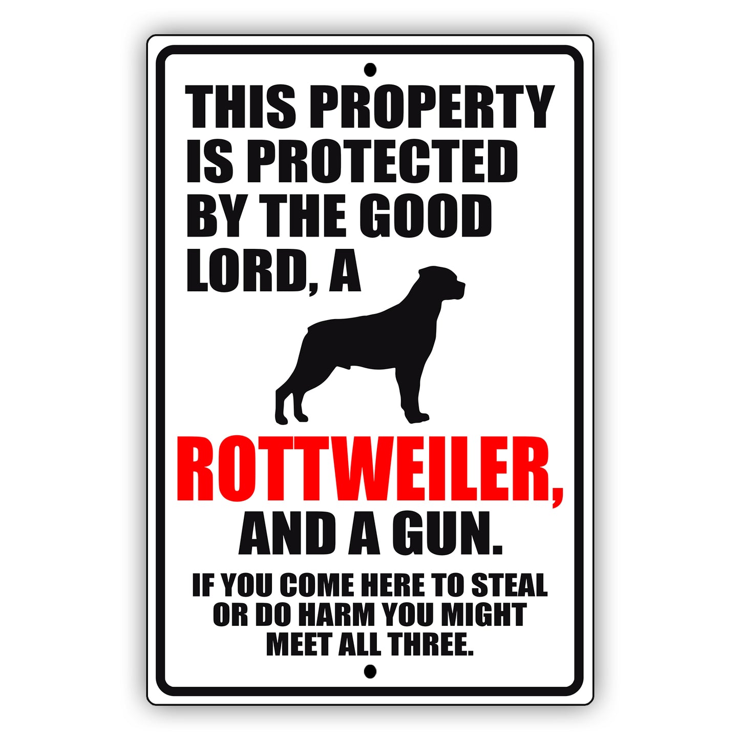 This property is protected by the good lord a rottweiler and a gun aluminum metal sign