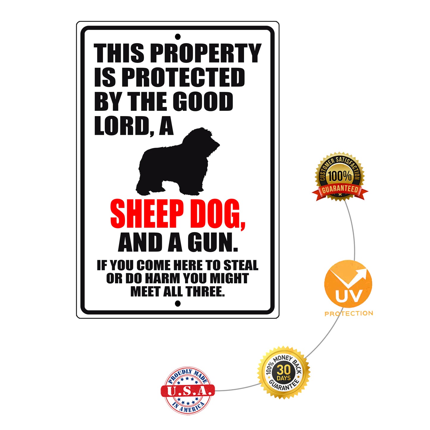This property is protected by the good lord a sheep dog and a gun aluminum metal sign