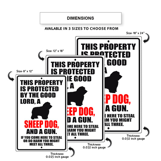 This property is protected by the good lord a sheep dog and a gun aluminum metal sign