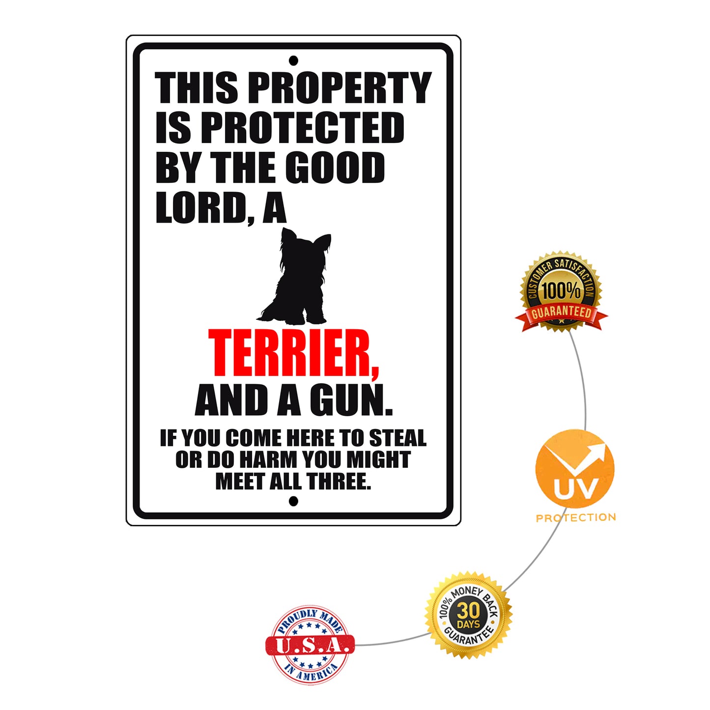 This property is protected by the good lord a terrier and a gun aluminum metal sign