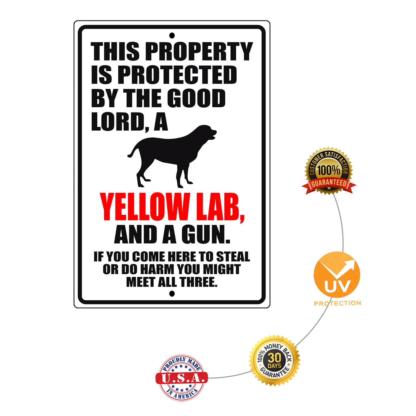 This property is protected by the good lord a yellow lab and a gun aluminum metal sign