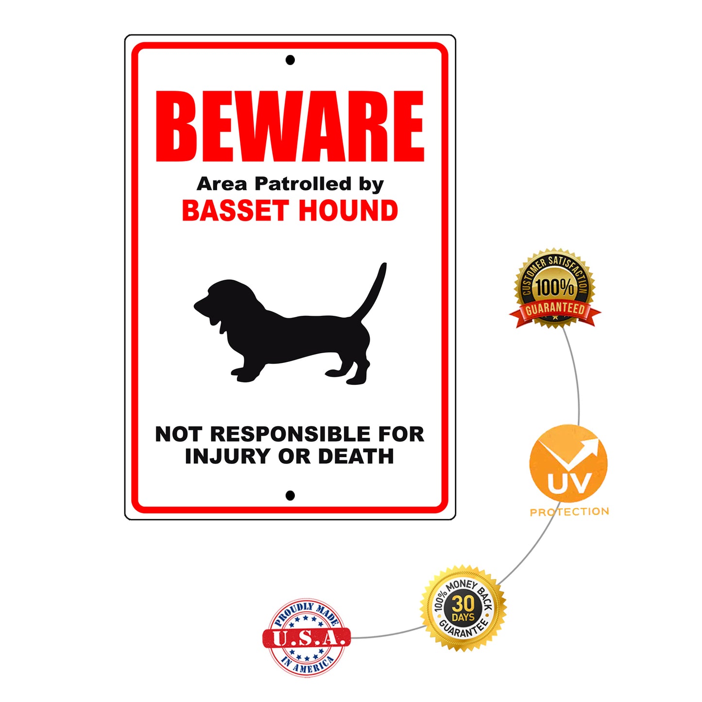 Beware area patrolled by basset hound aluminum metal sign
