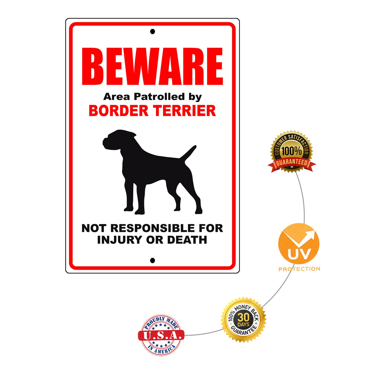 Beware area patrolled by border terrier aluminum metal sign