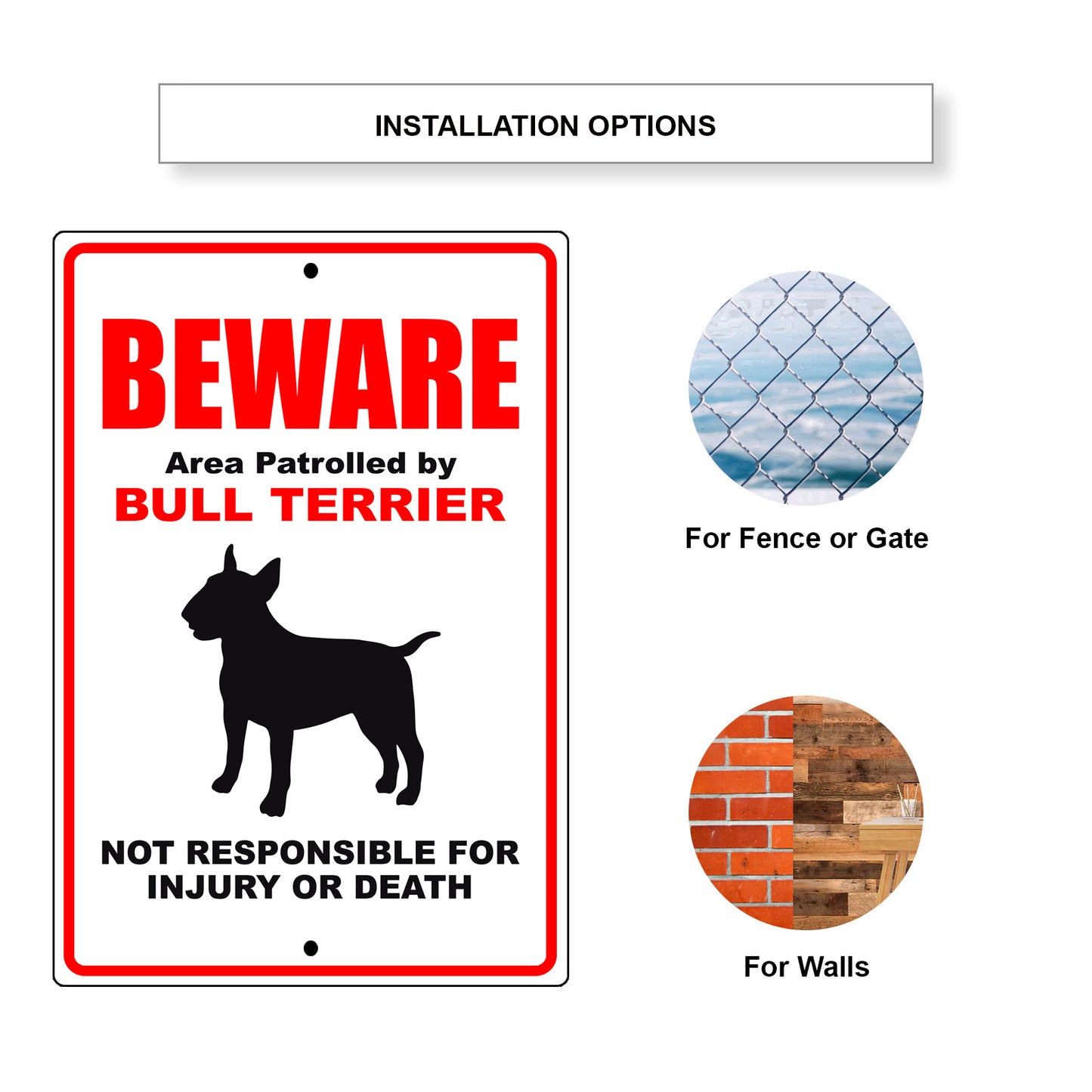 Beware area patrolled by bull terrier aluminum metal sign