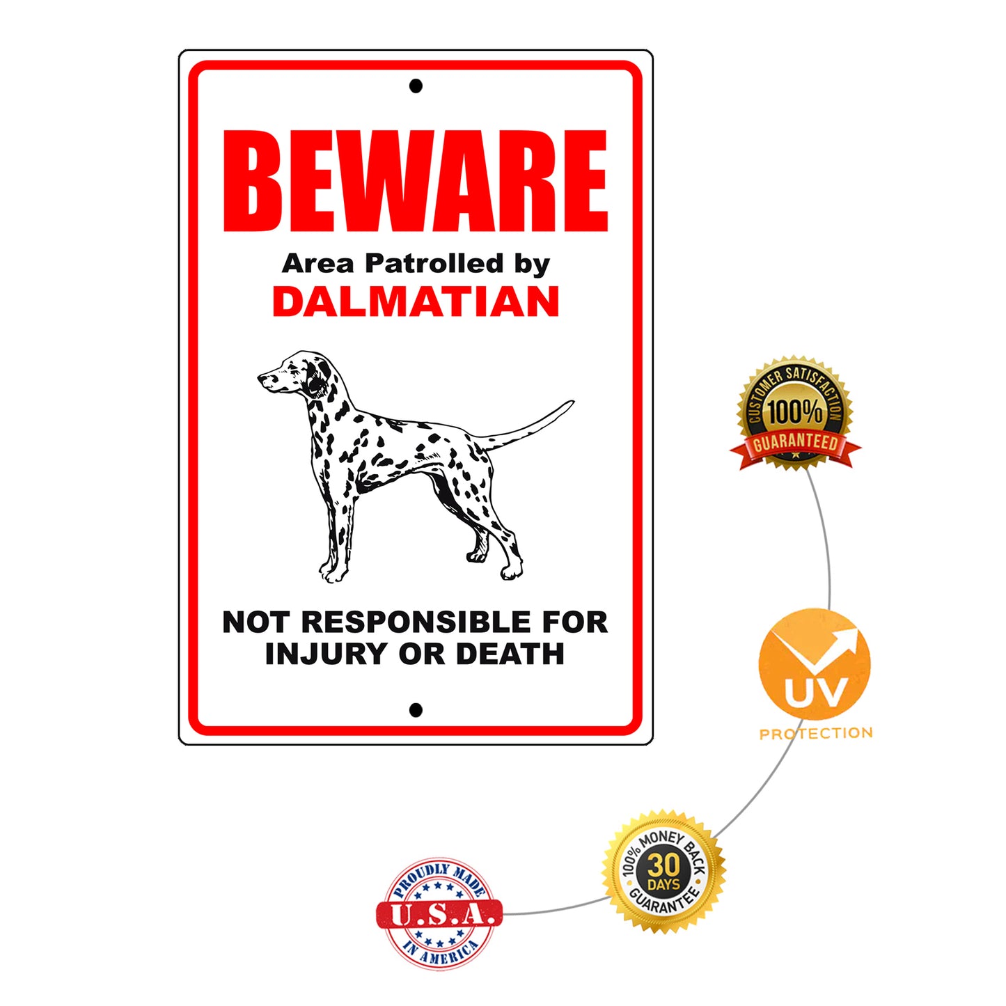 Beware area patrolled by dalmatian aluminum metal sign