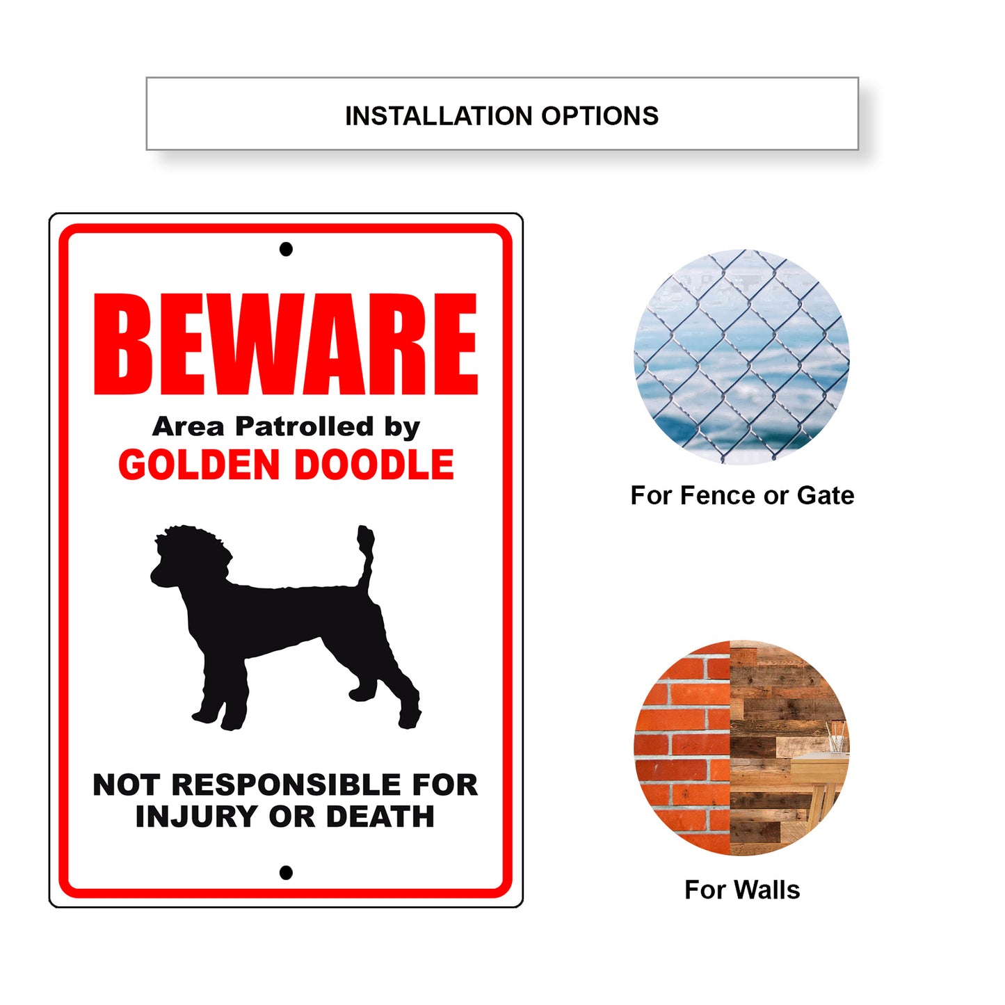 Beware area patrolled by golden doodle aluminum metal sign