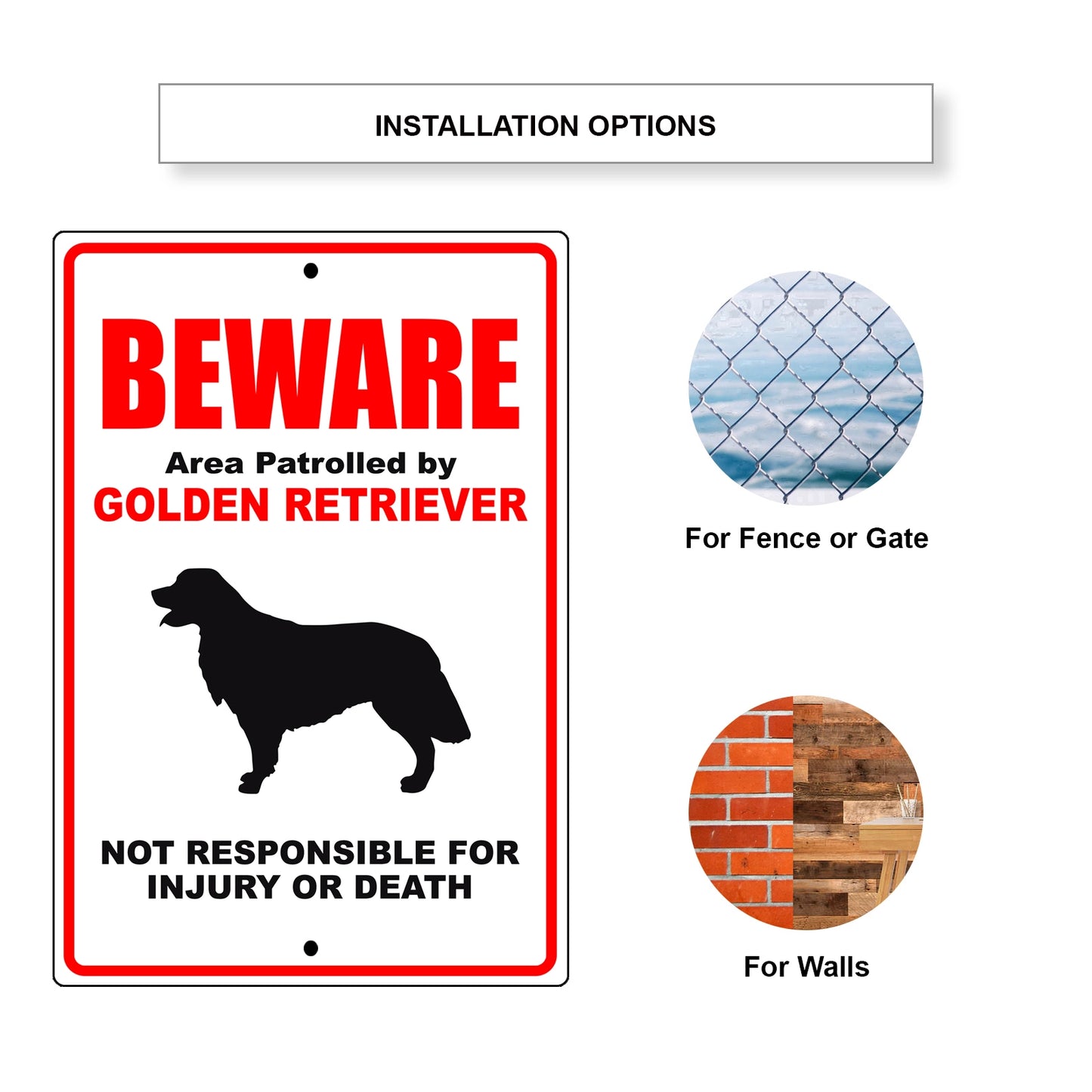 Beware area patrolled by golden retriever aluminum metal sign