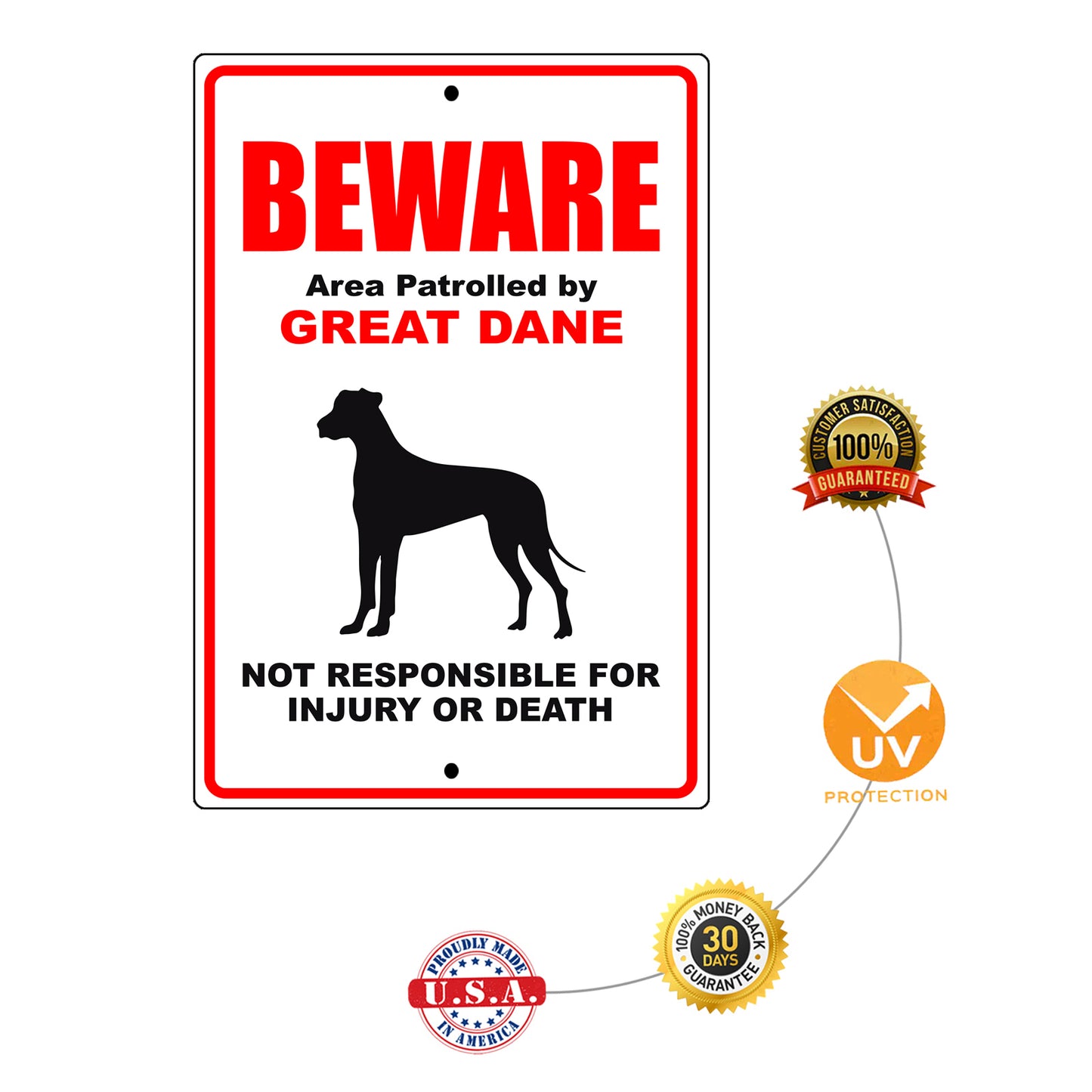 Beware area patrolled by great dane aluminum metal sign